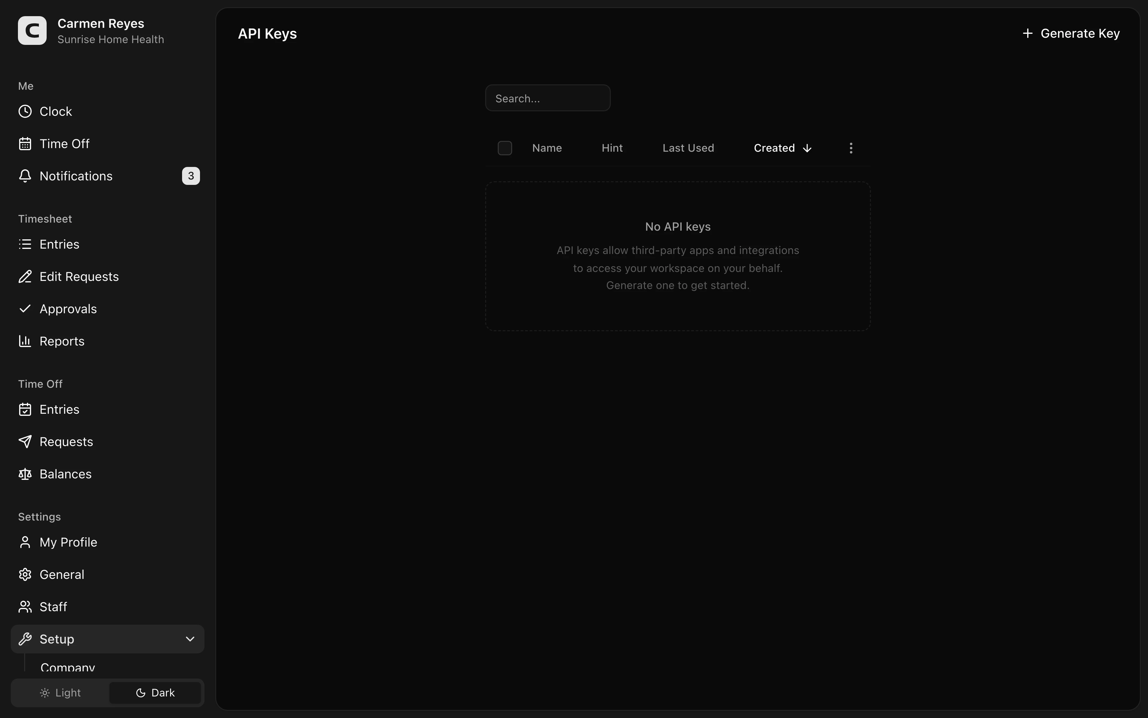 API Keys page