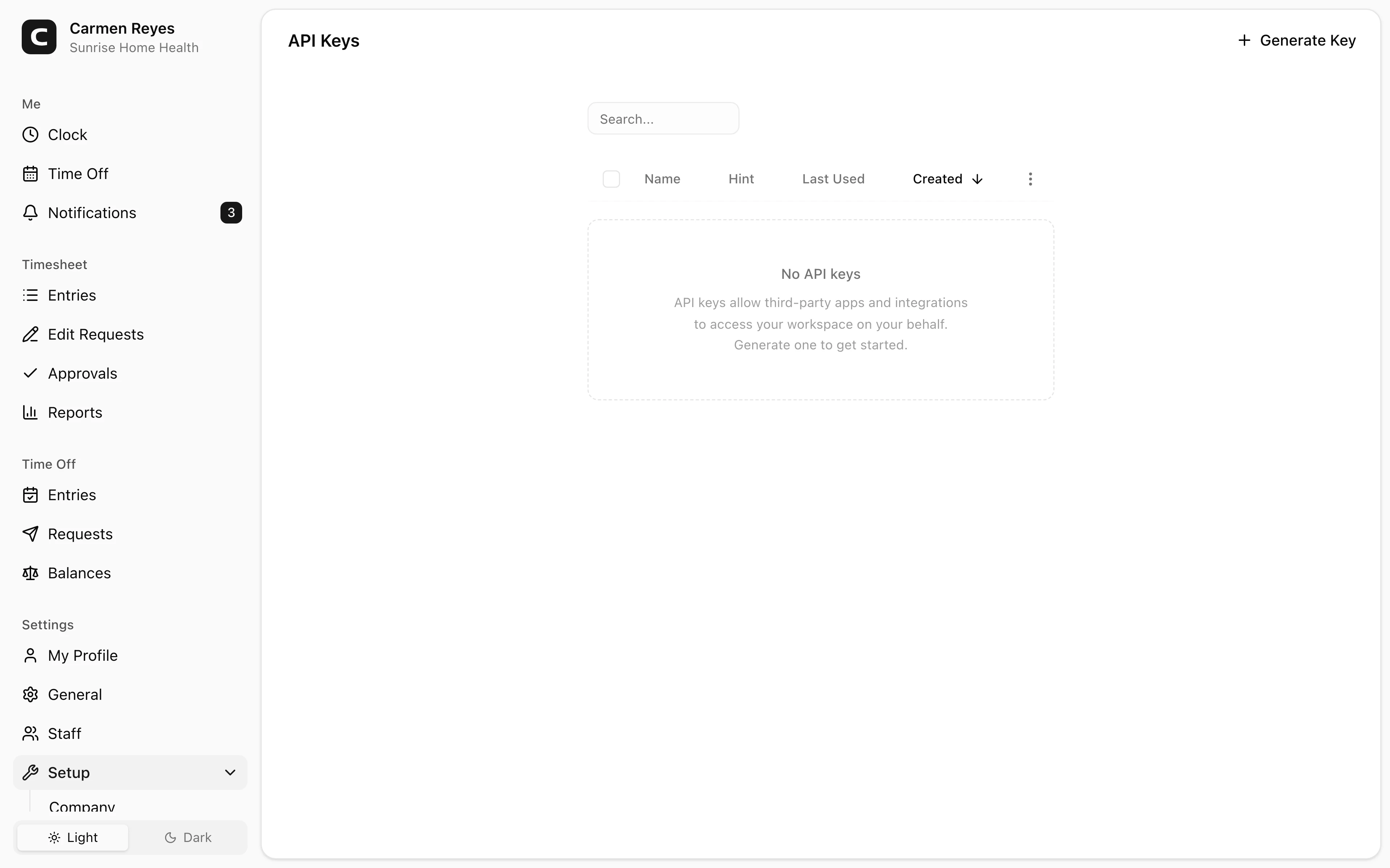 API Keys page