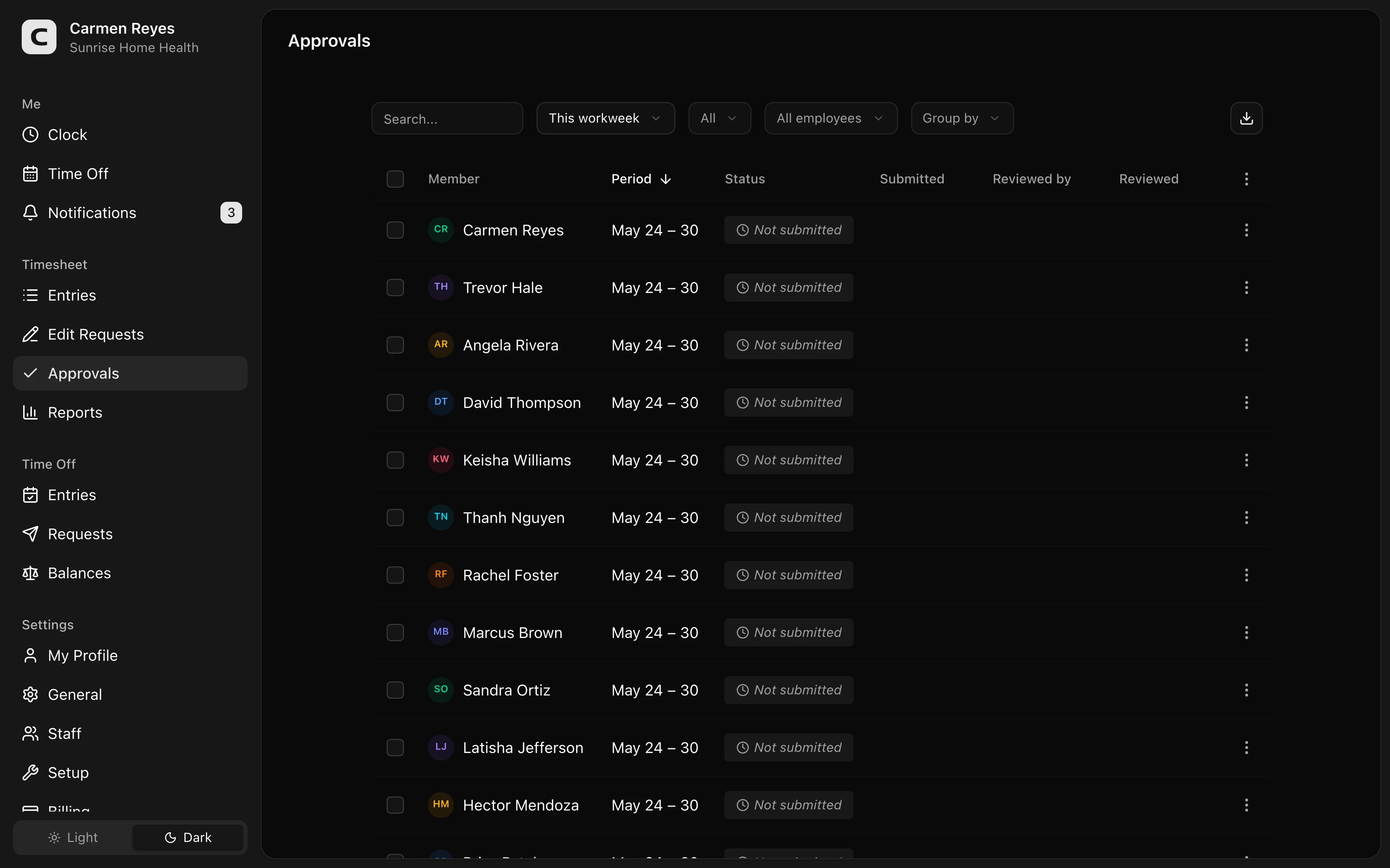 Approvals page