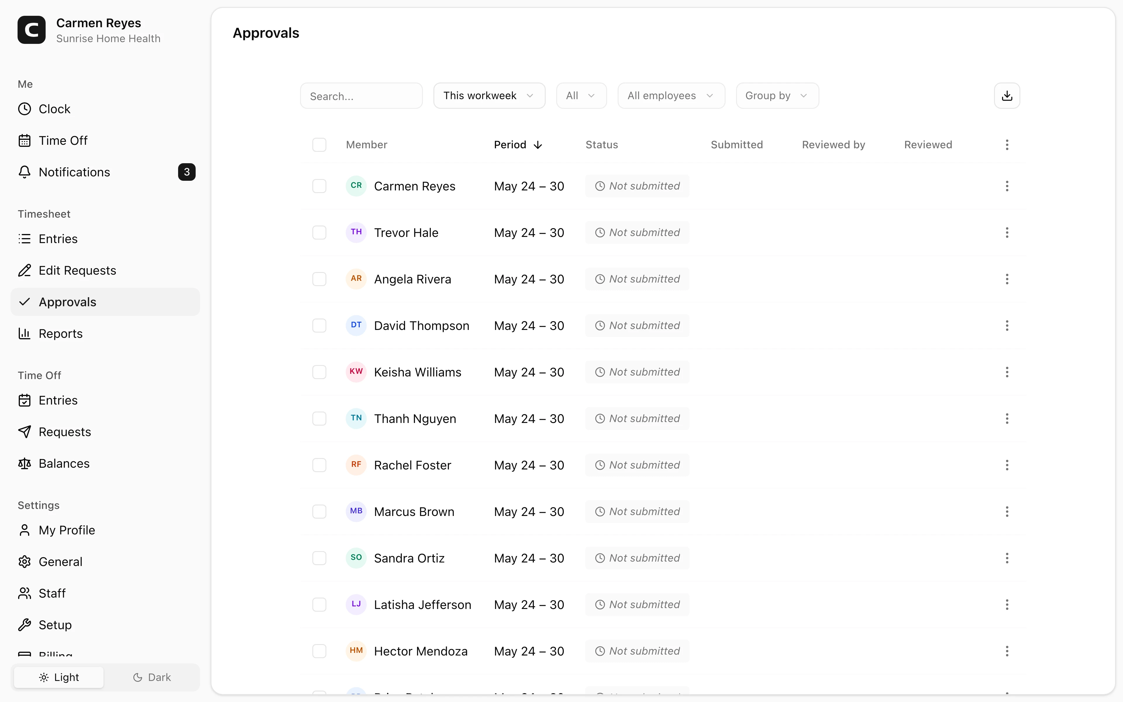 Approvals page