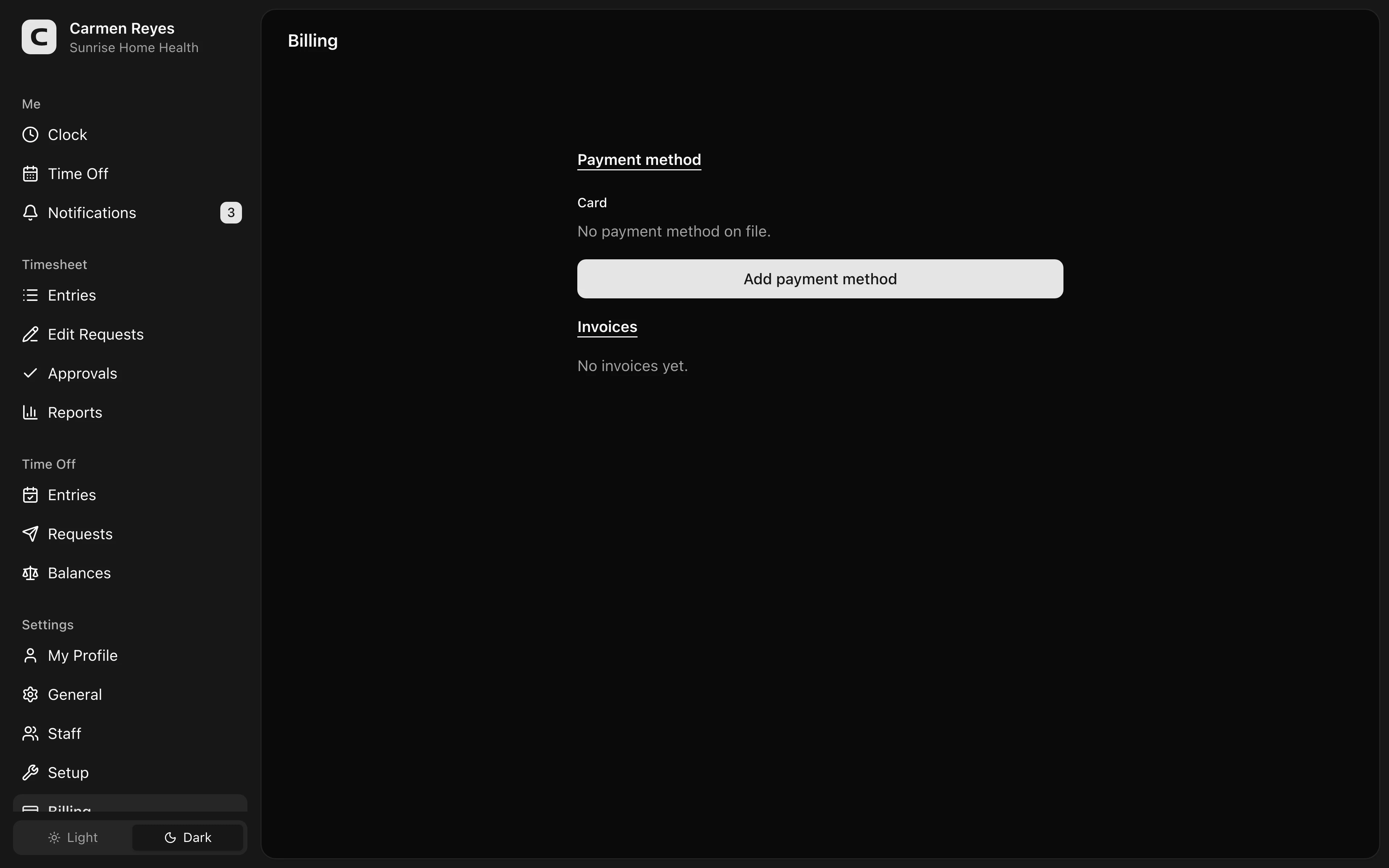 Billing page