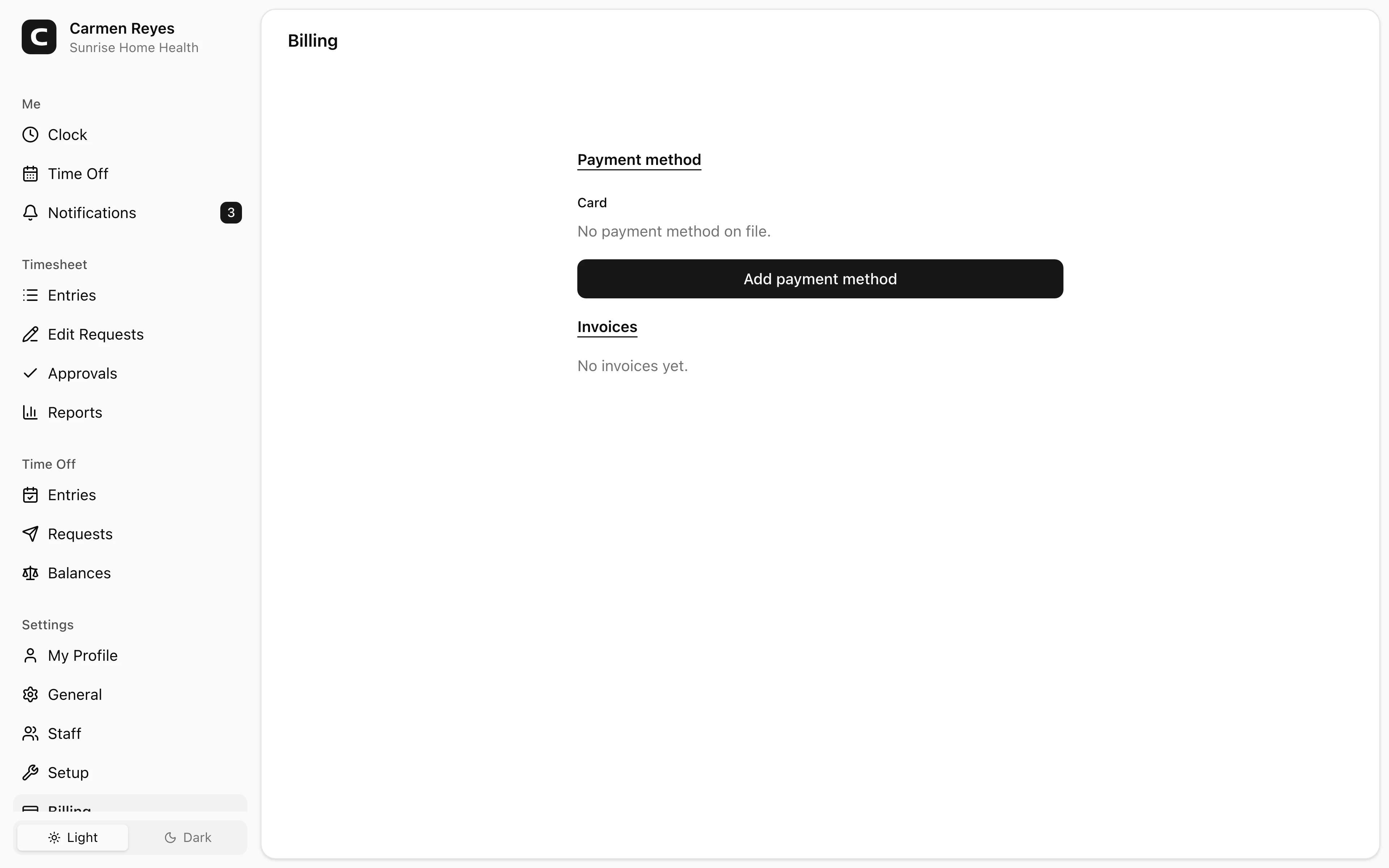 Billing page