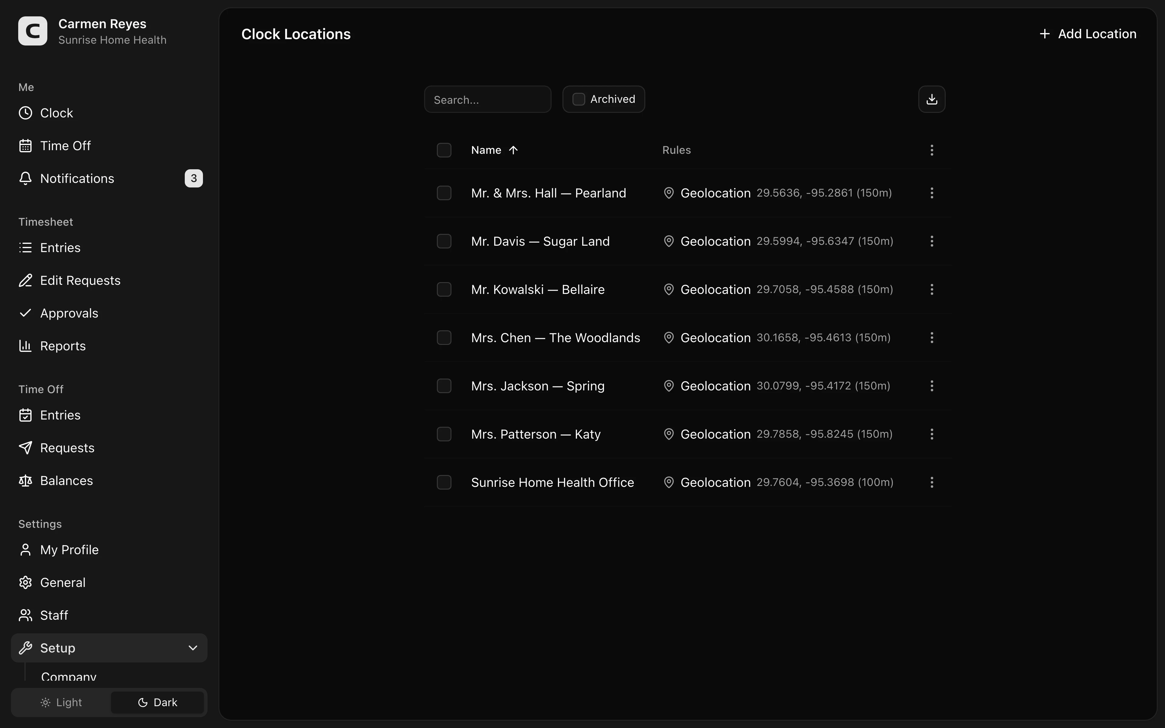 Clock Locations page