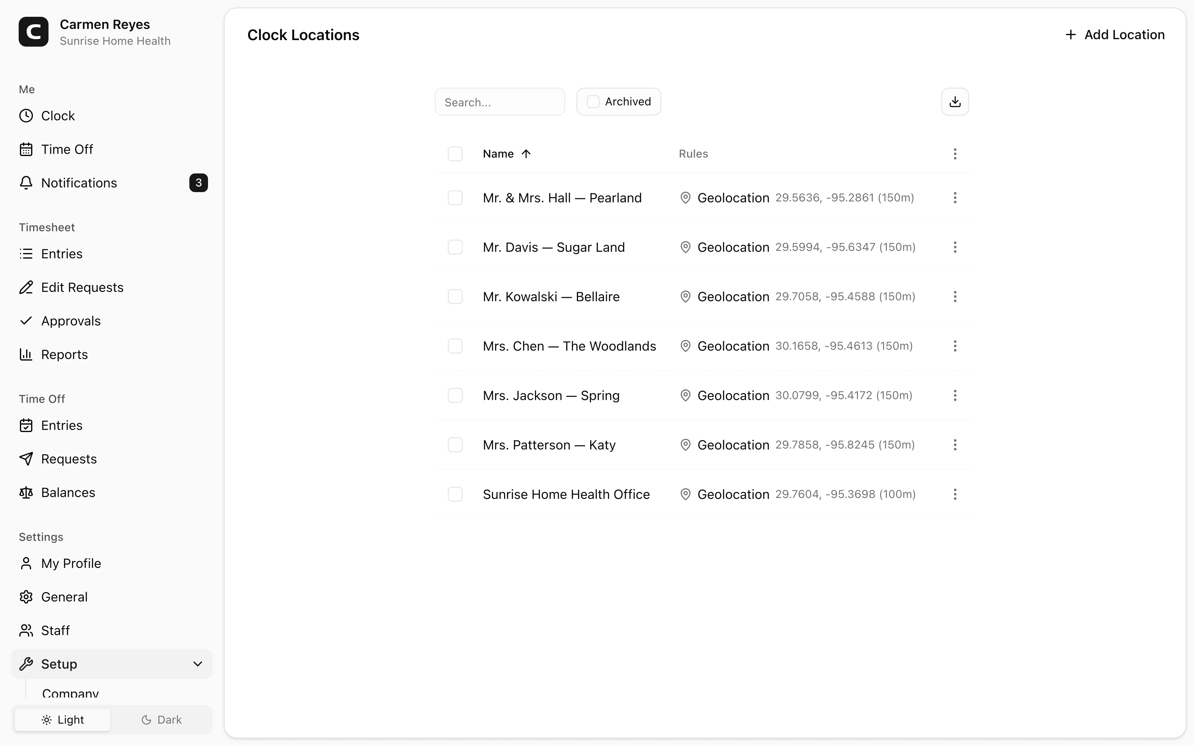 Clock Locations page
