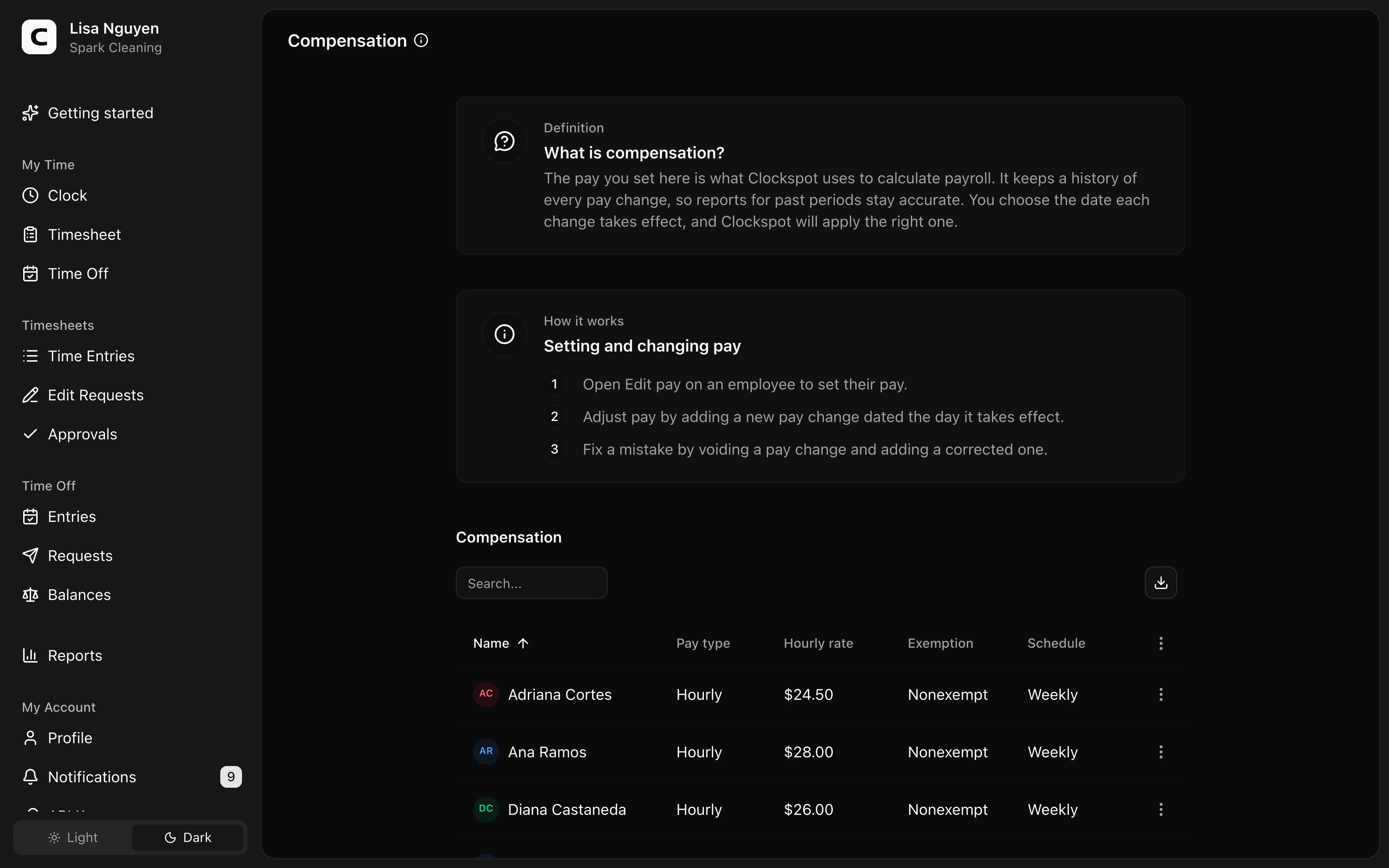 Clockspot Compensation screen. Set each employee's pay type, hourly rate when applicable, exemption status, and pay schedule, and keep a history of pay changes.