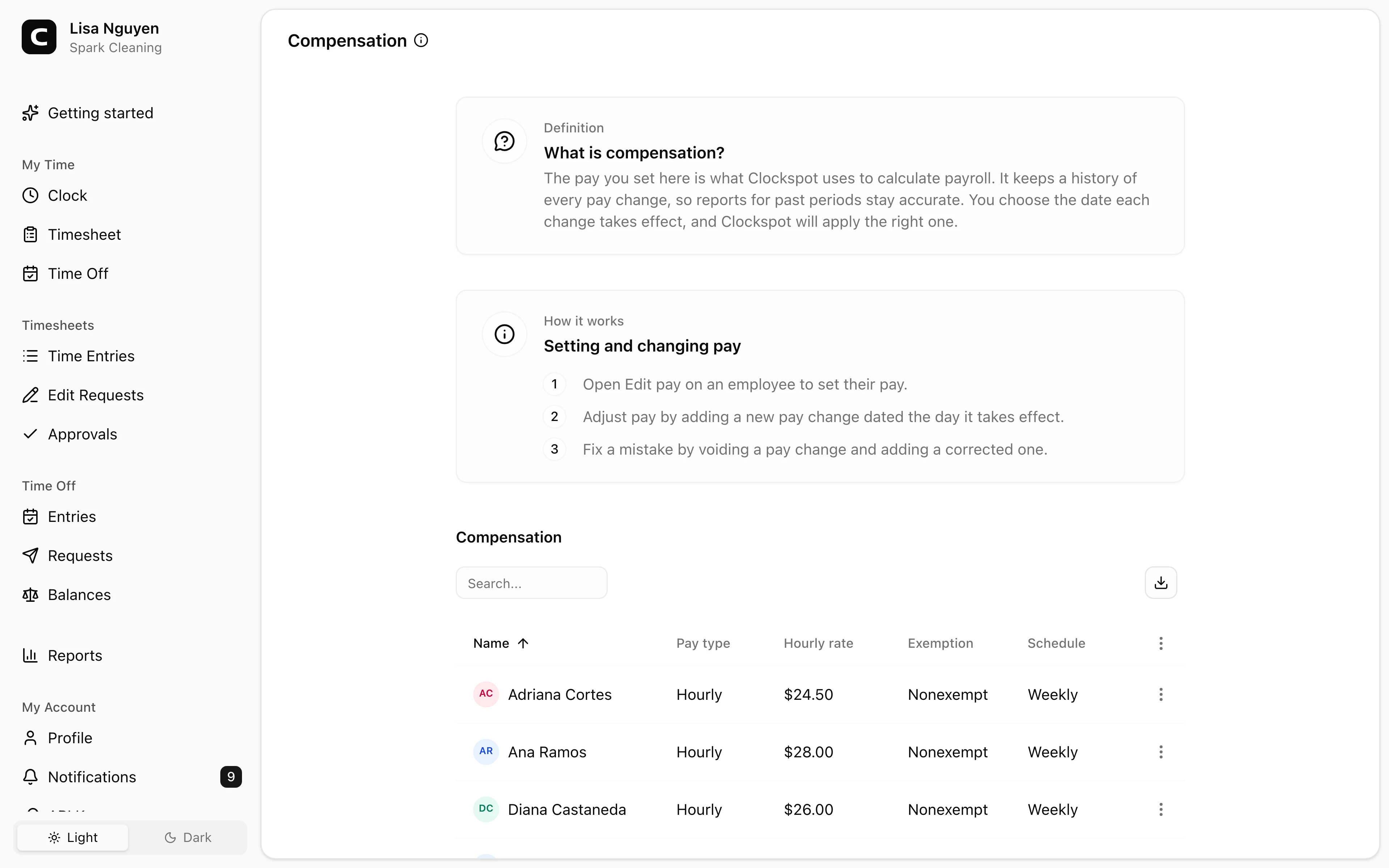 Clockspot Compensation screen. Set each employee's pay type, hourly rate when applicable, exemption status, and pay schedule, and keep a history of pay changes.