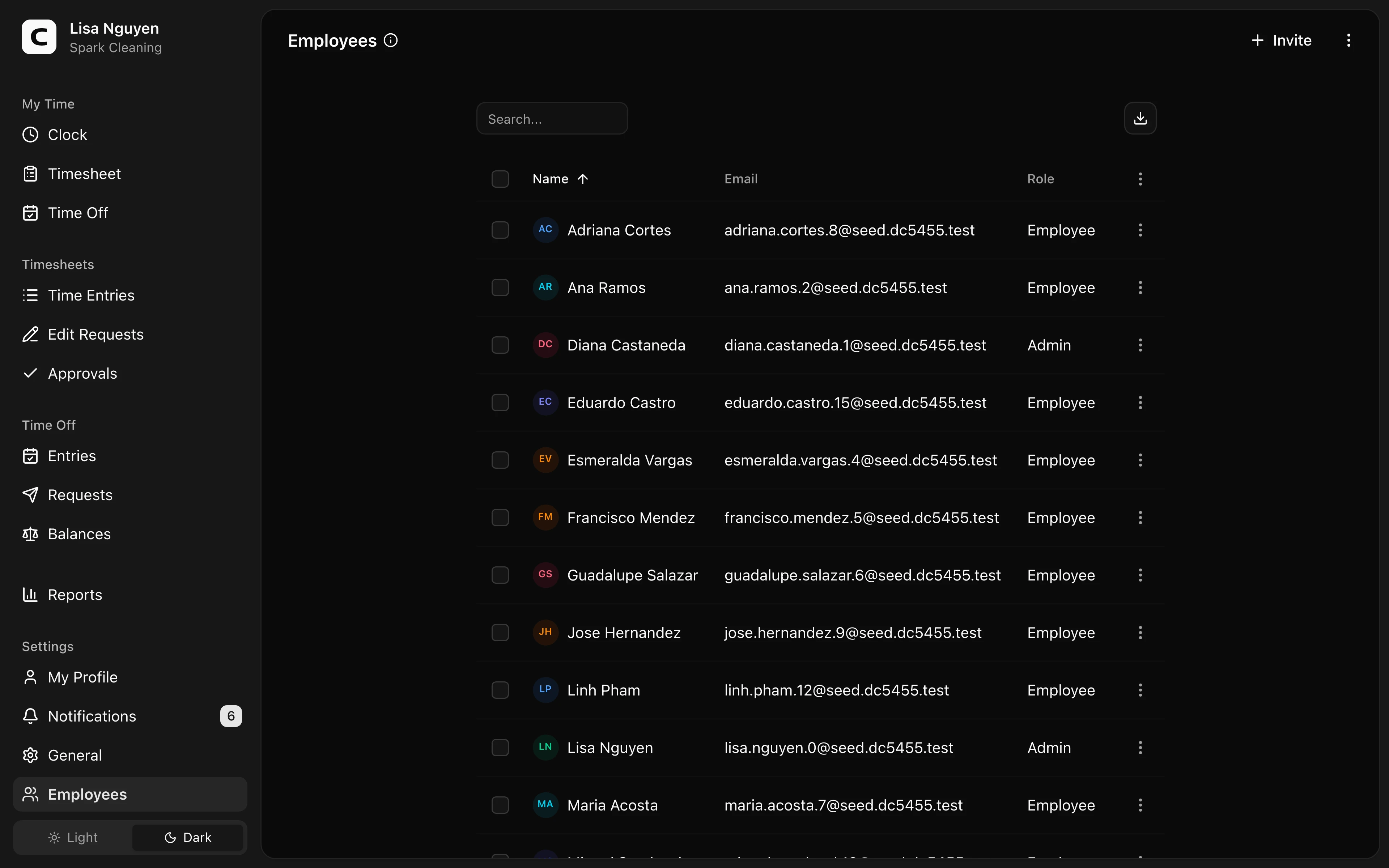 Clockspot Employees screen. Invite employees, edit profile and pay details, and handle owner-only access changes.