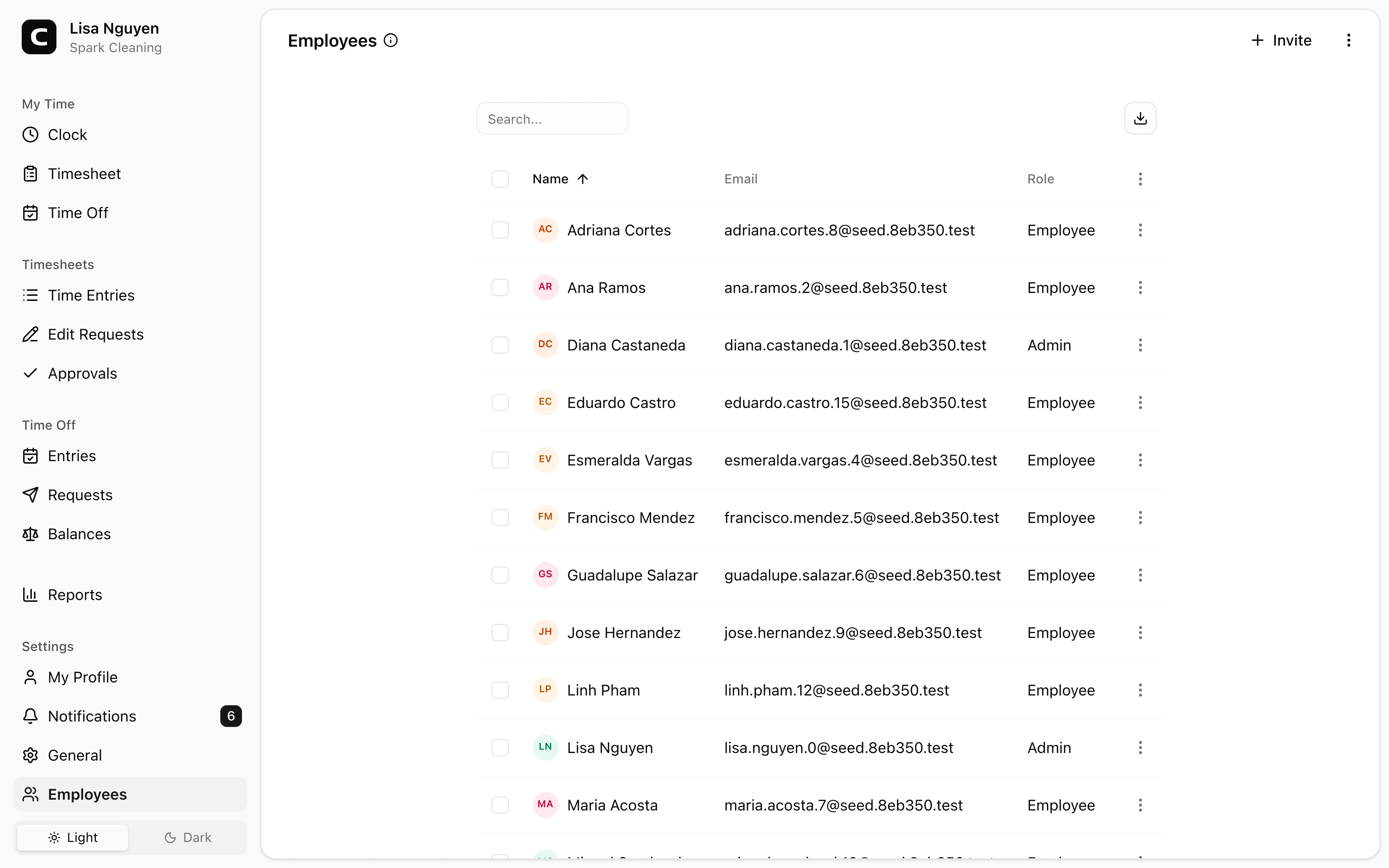 Clockspot Employees screen. Invite employees, edit profile and pay details, and handle owner-only access changes.