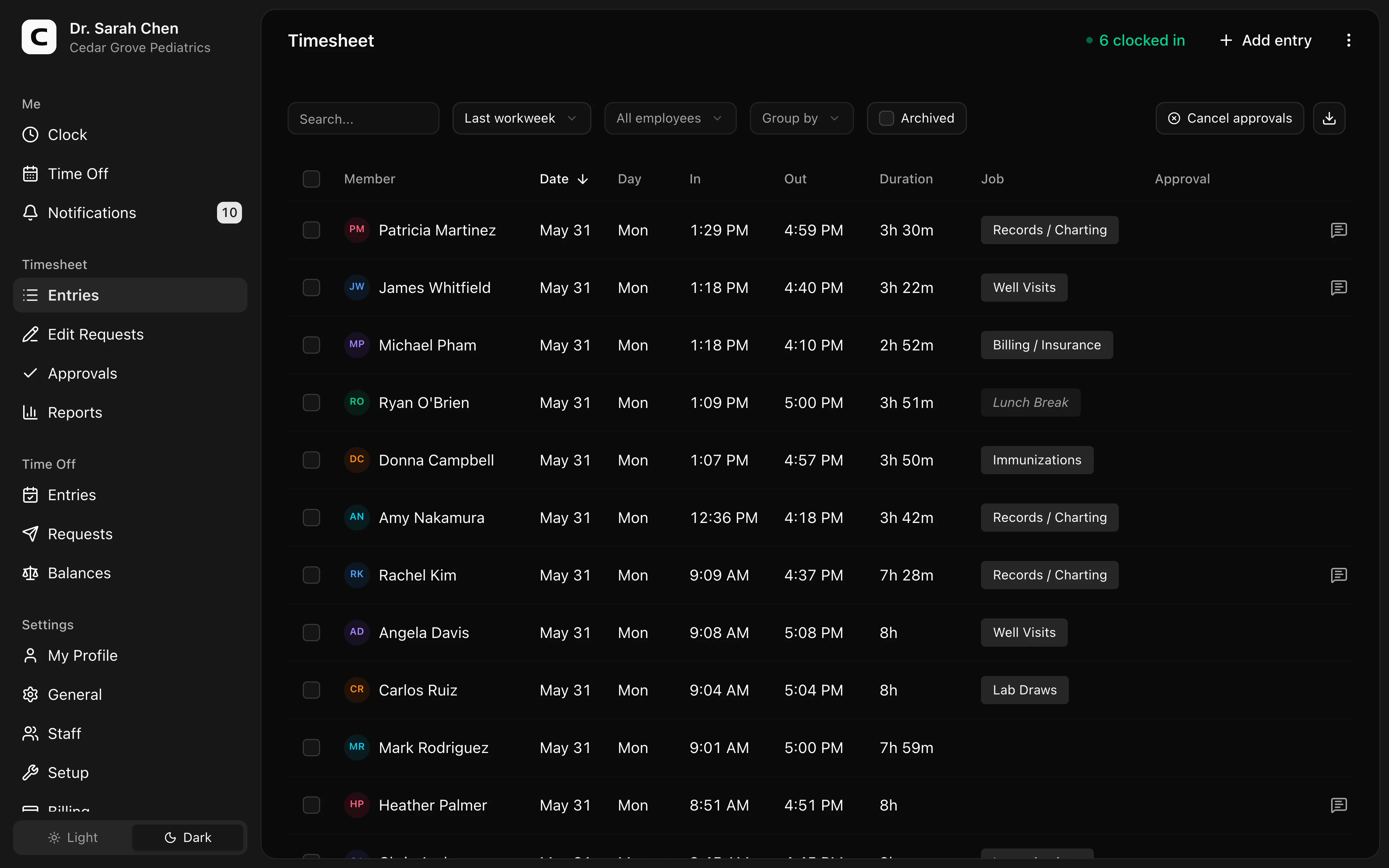 Clockspot Timesheet screen. All employee time entries for the selected period. Add, edit, archive entries, and manage timesheet approvals.