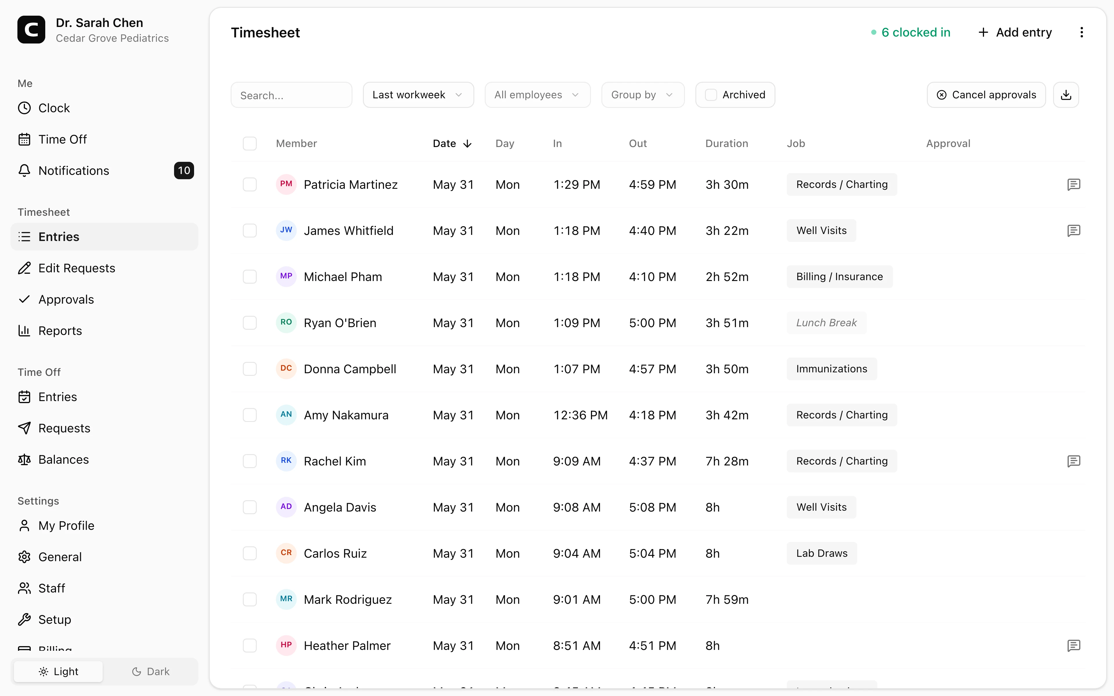 Clockspot Timesheet screen. All employee time entries for the selected period. Add, edit, archive entries, and manage timesheet approvals.