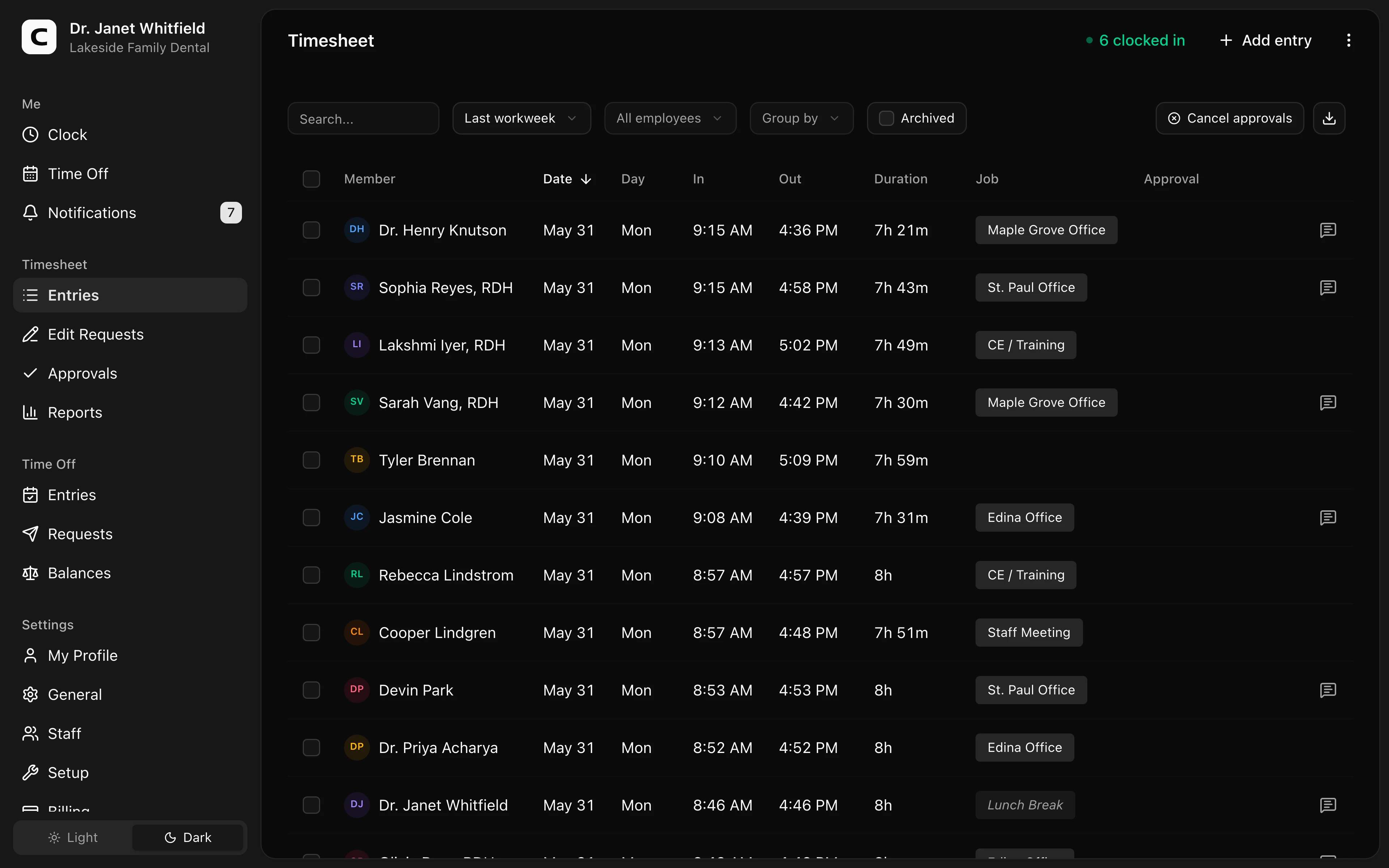 Clockspot Timesheet screen. All employee time entries for the selected period. Add, edit, archive entries, and manage timesheet approvals.