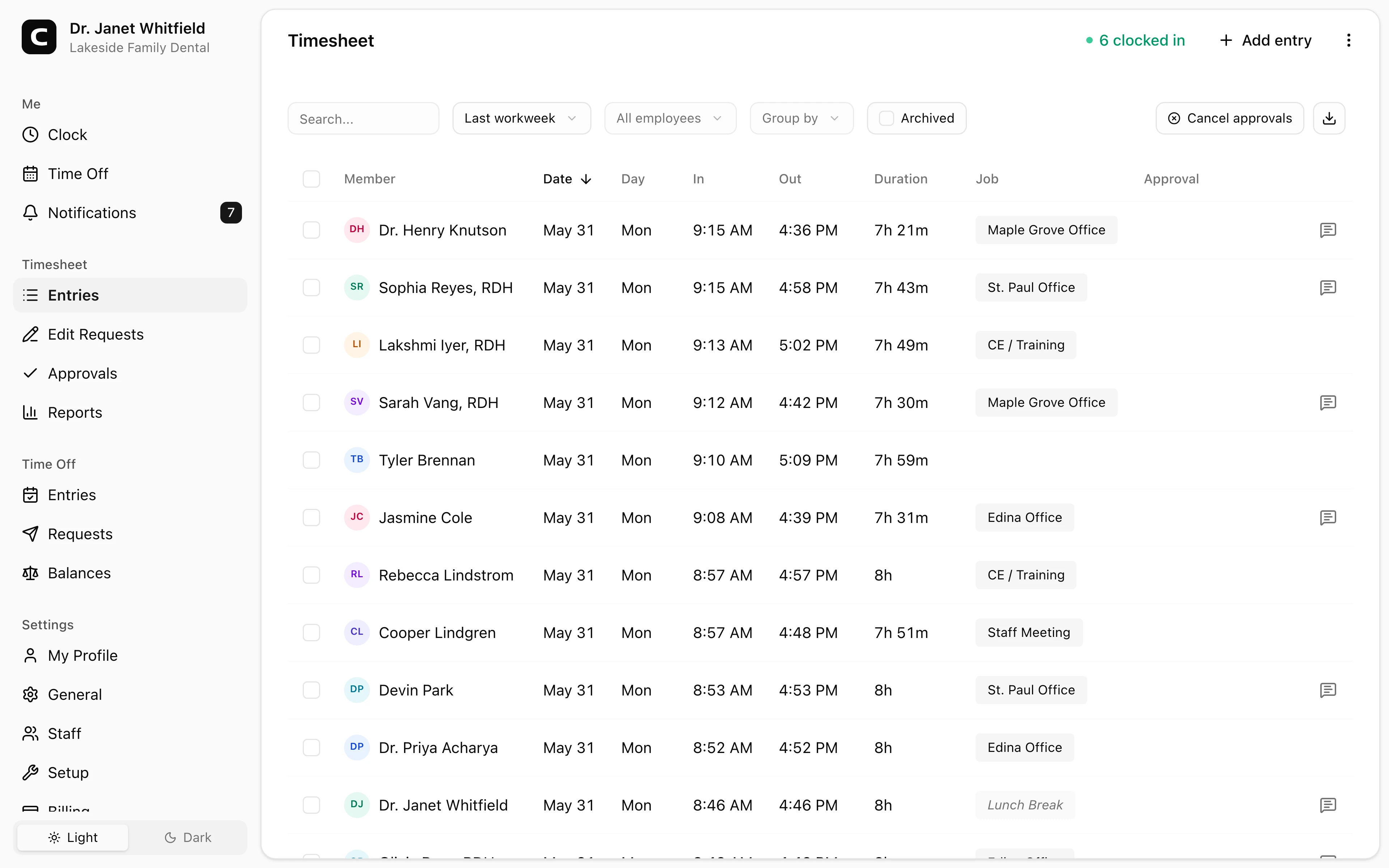 Clockspot Timesheet screen. All employee time entries for the selected period. Add, edit, archive entries, and manage timesheet approvals.
