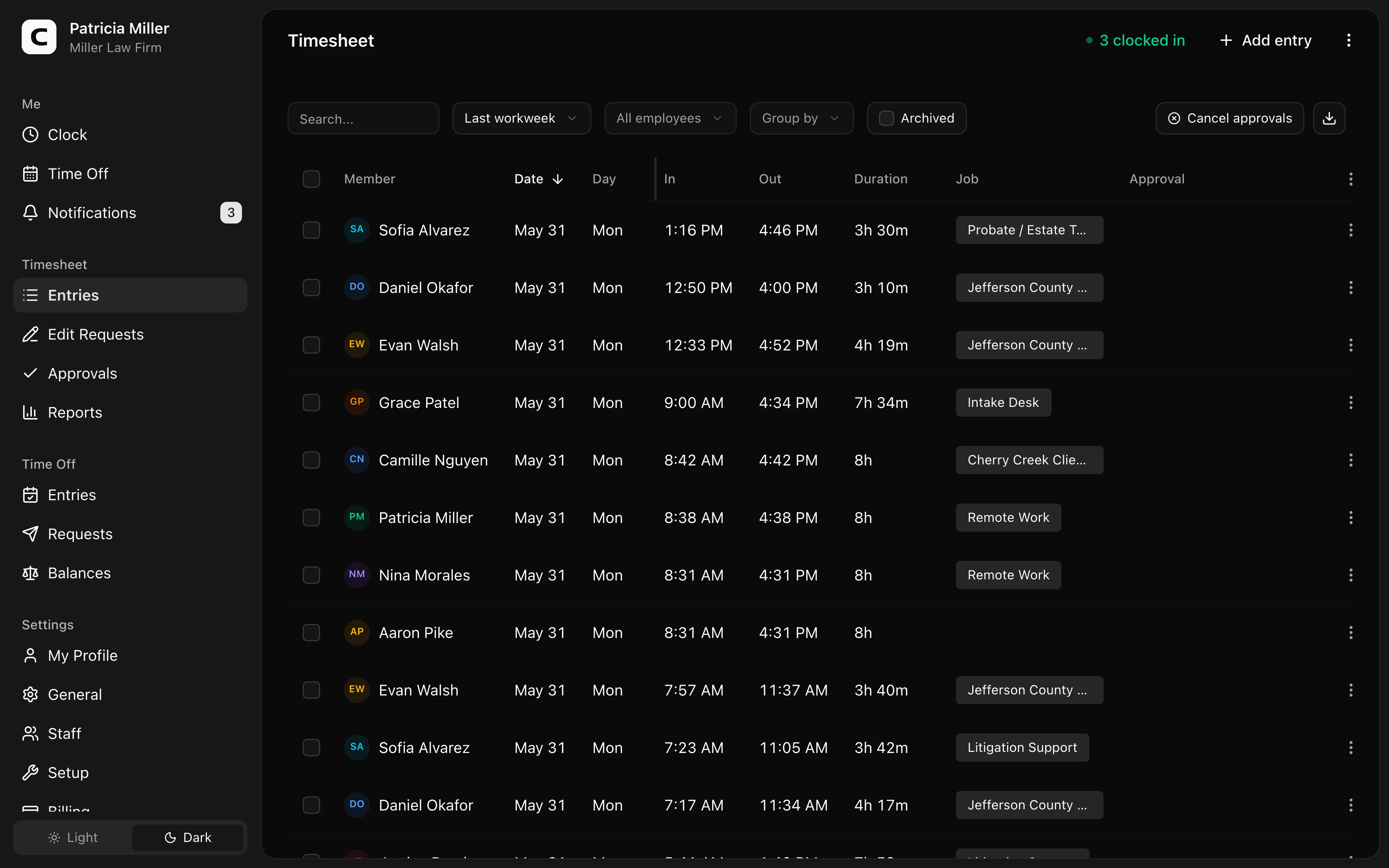 Clockspot Timesheet screen. All employee time entries for the selected period. Add, edit, archive entries, and manage timesheet approvals.
