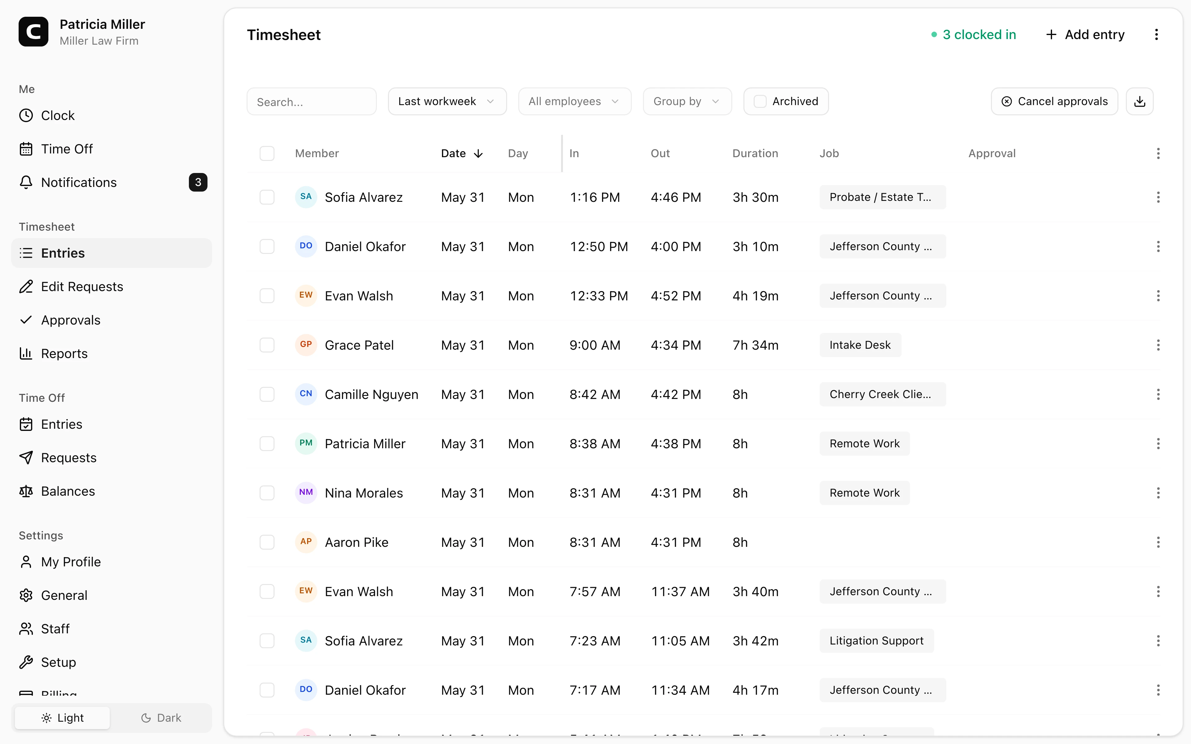 Clockspot Timesheet screen. All employee time entries for the selected period. Add, edit, archive entries, and manage timesheet approvals.