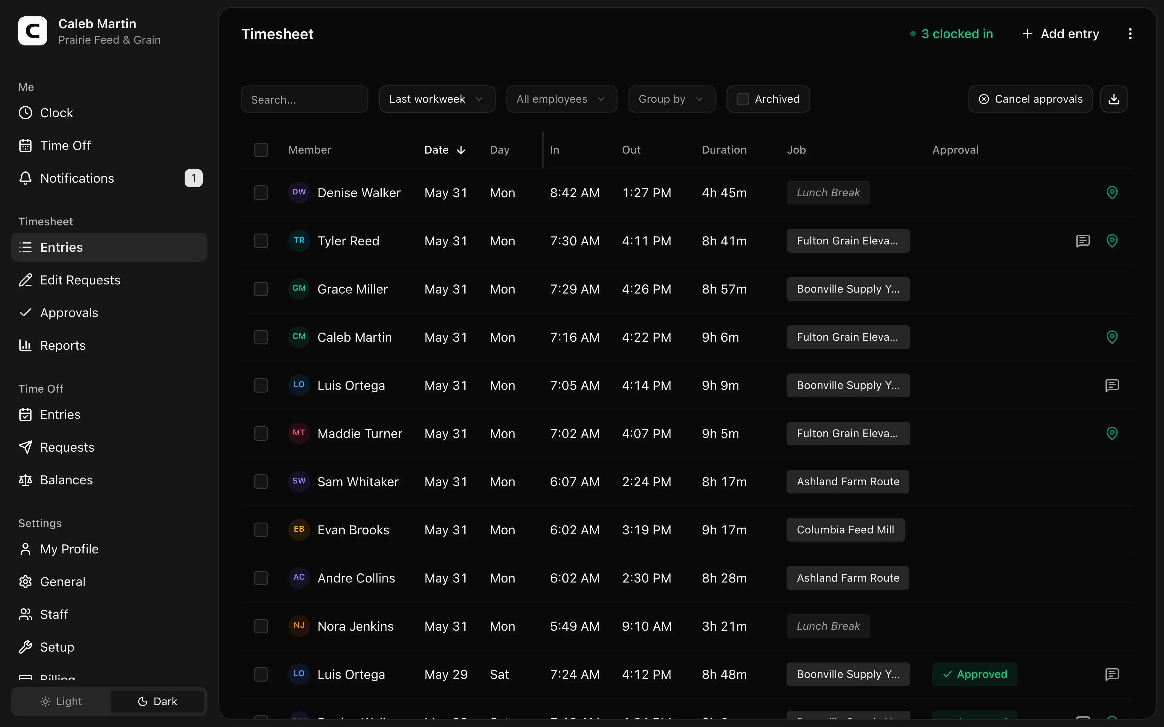 Clockspot Timesheet screen. All employee time entries for the selected period. Add, edit, archive entries, and manage timesheet approvals.