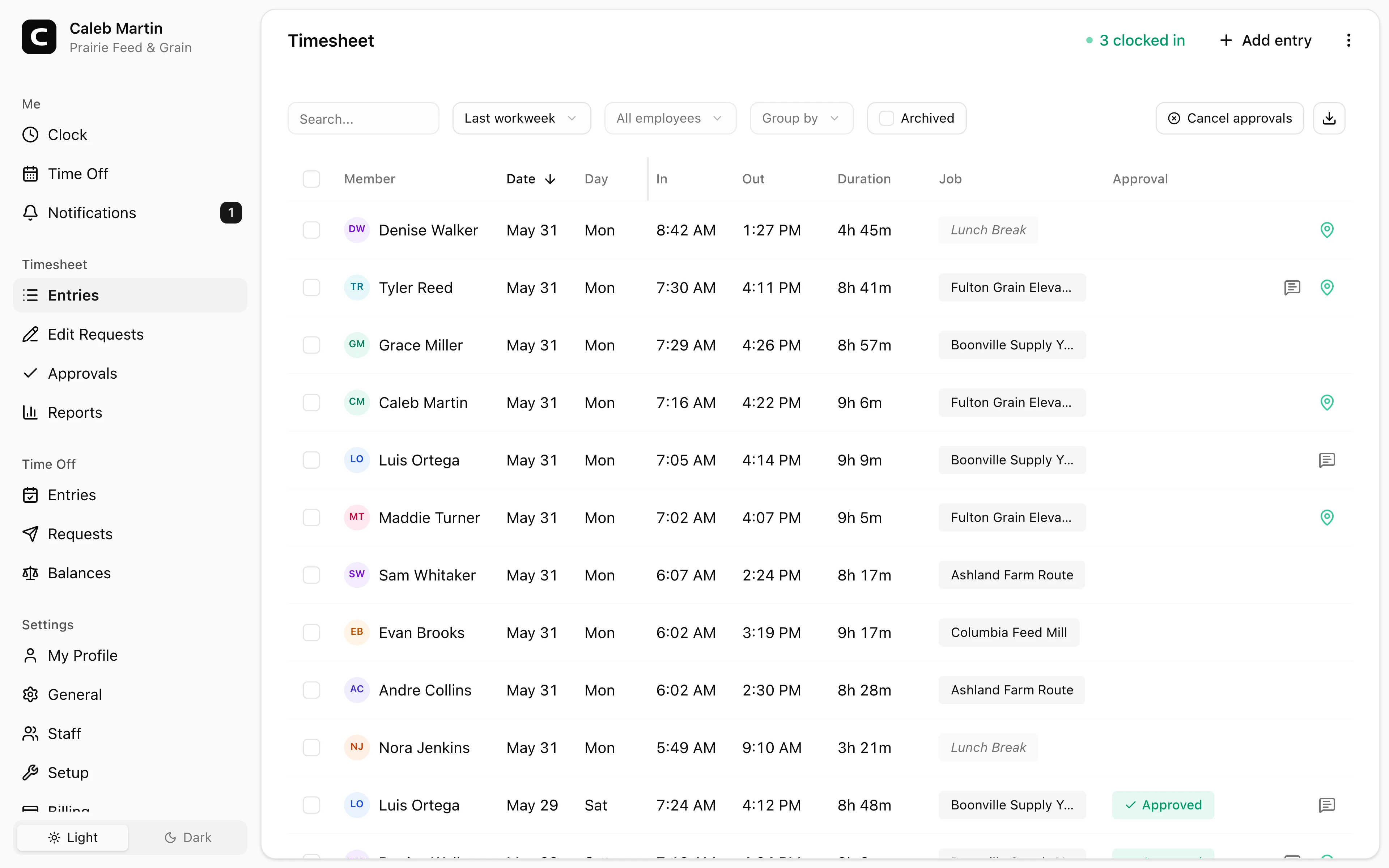 Clockspot Timesheet screen. All employee time entries for the selected period. Add, edit, archive entries, and manage timesheet approvals.