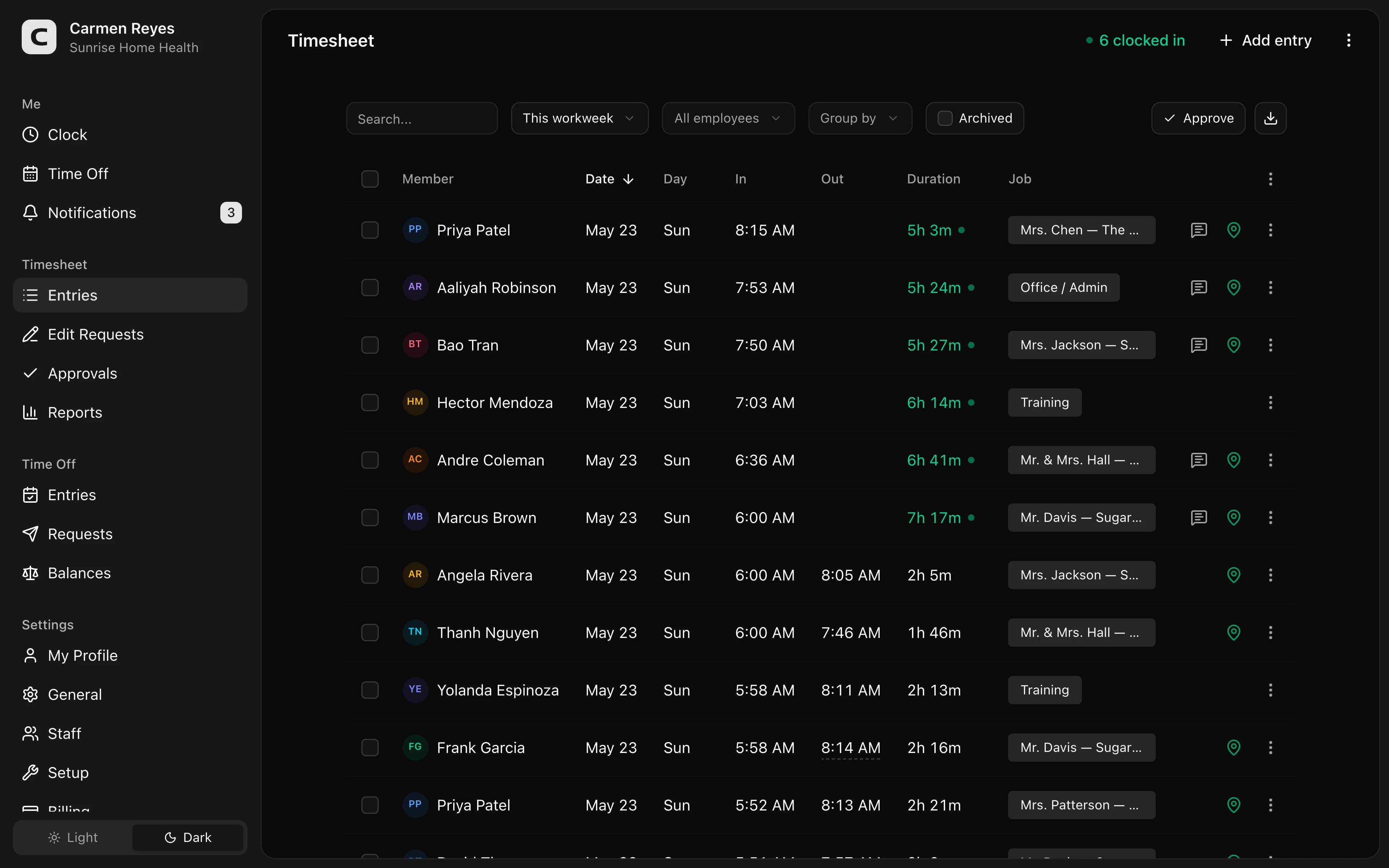 Entries page