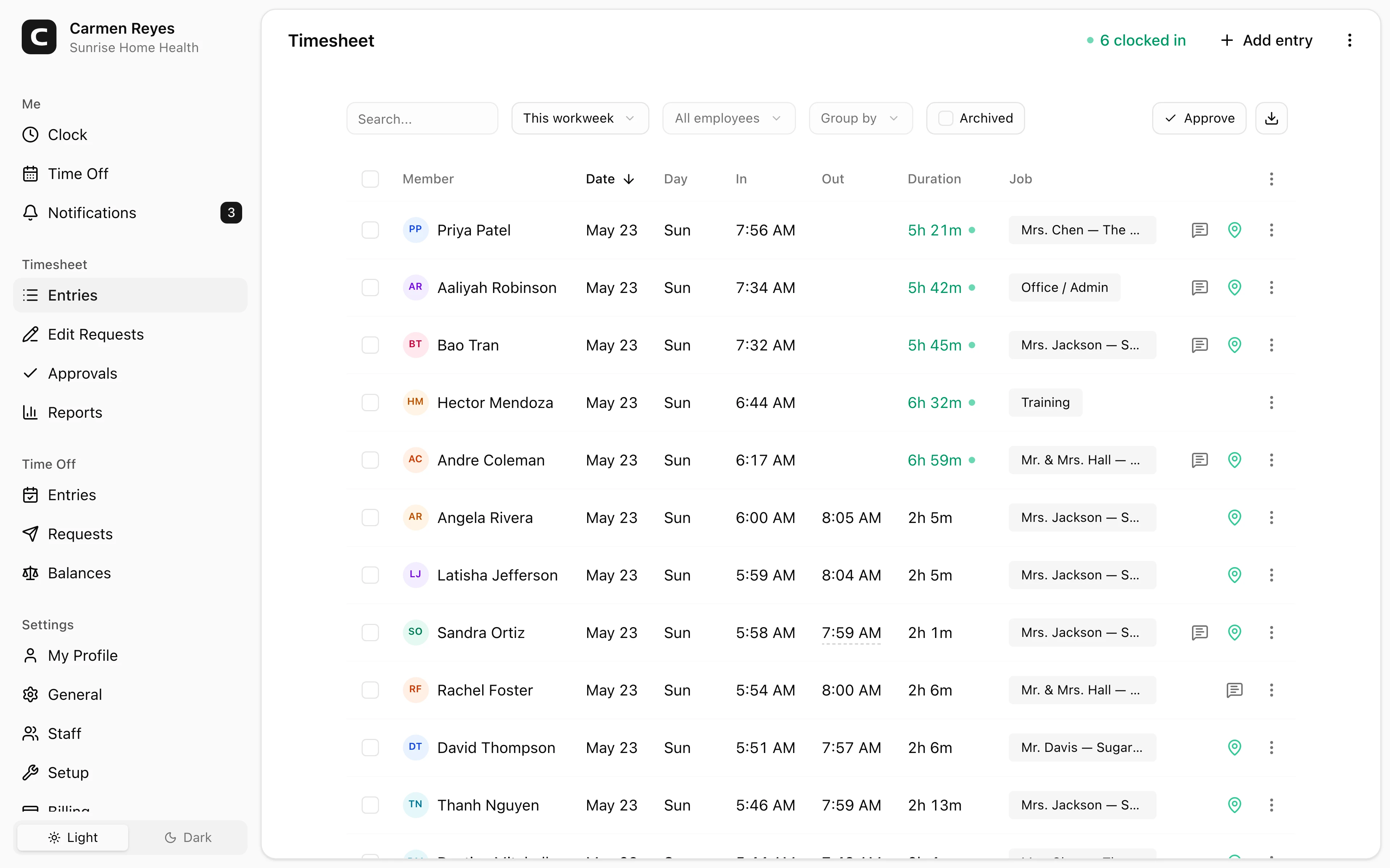 Entries page