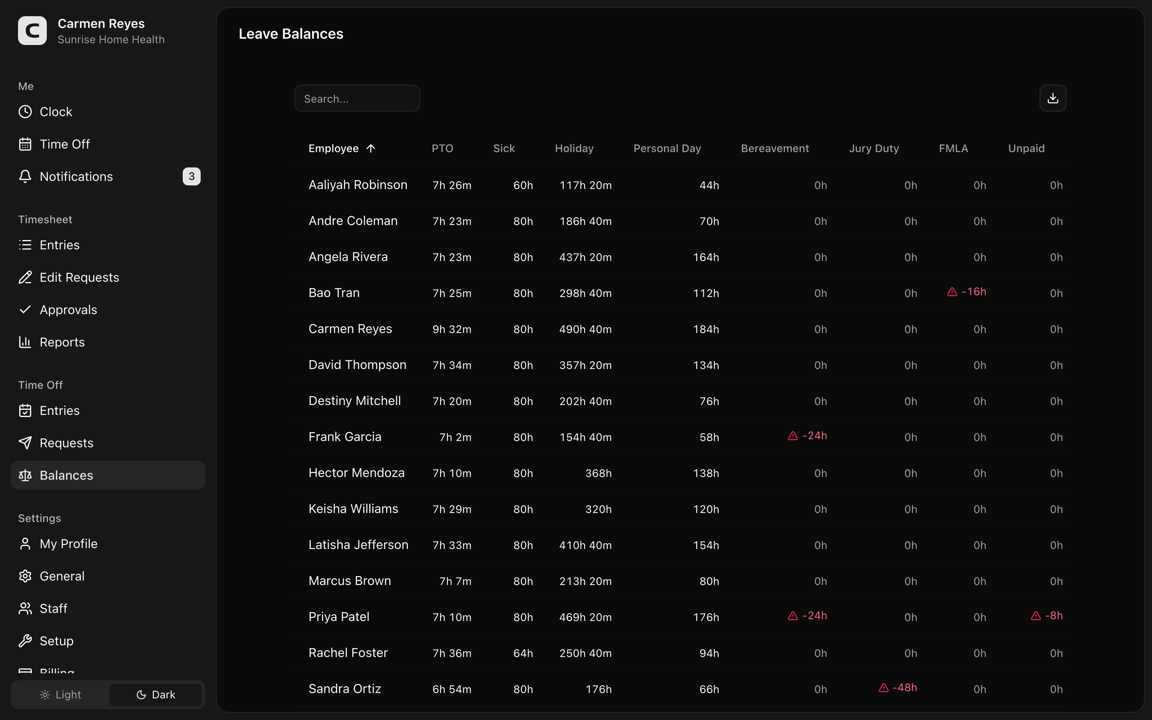 Balances page