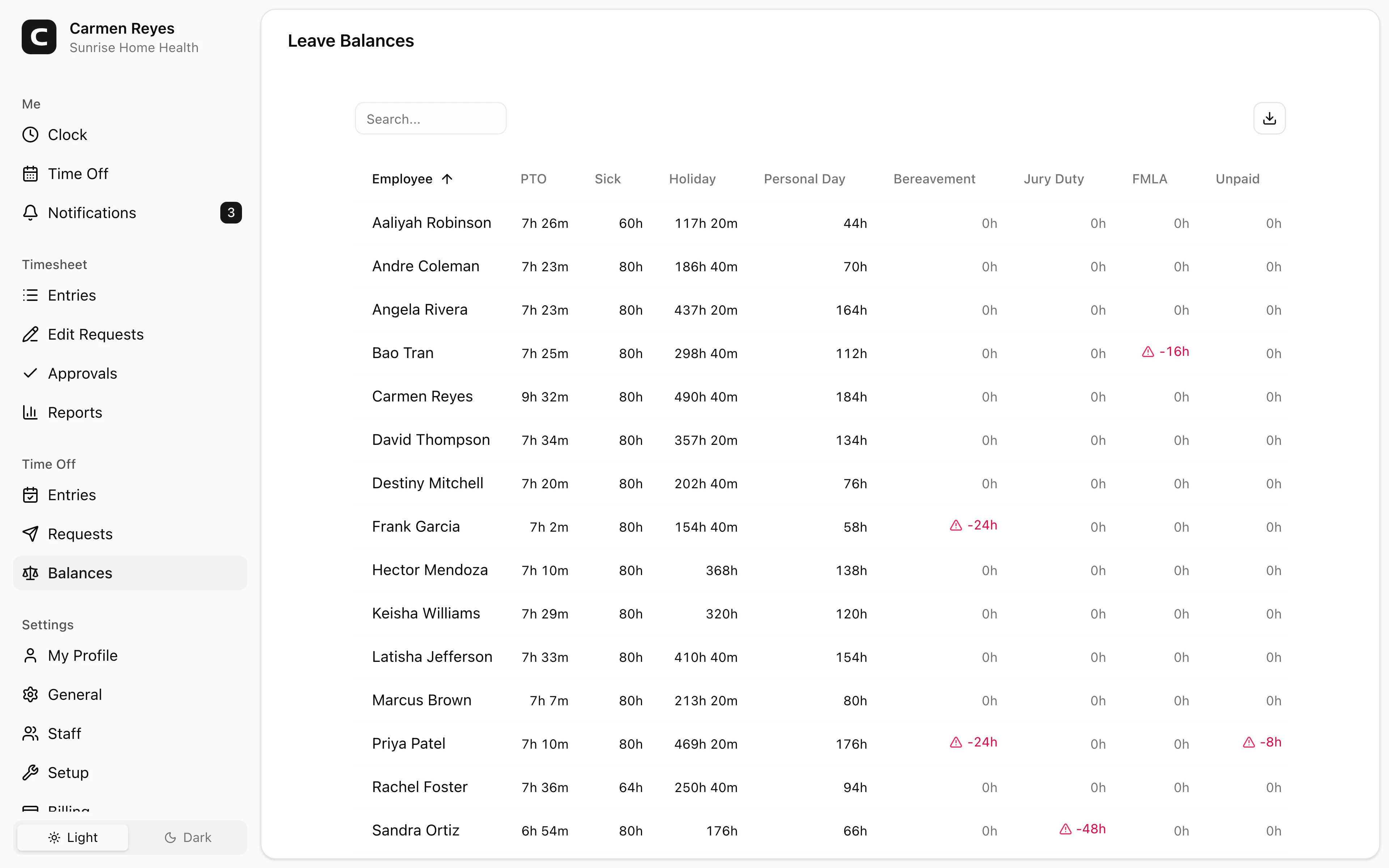 Balances page