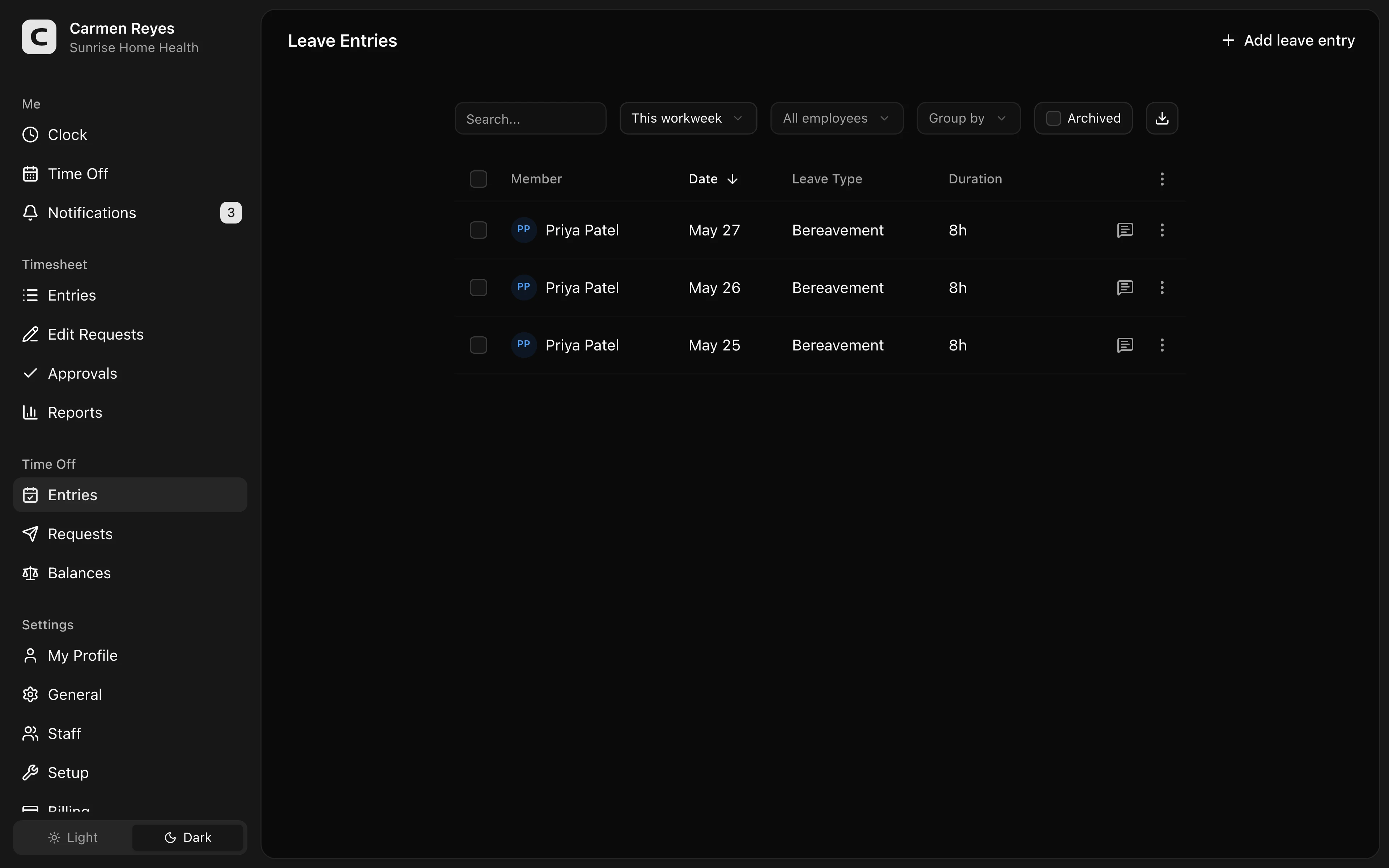 Entries page