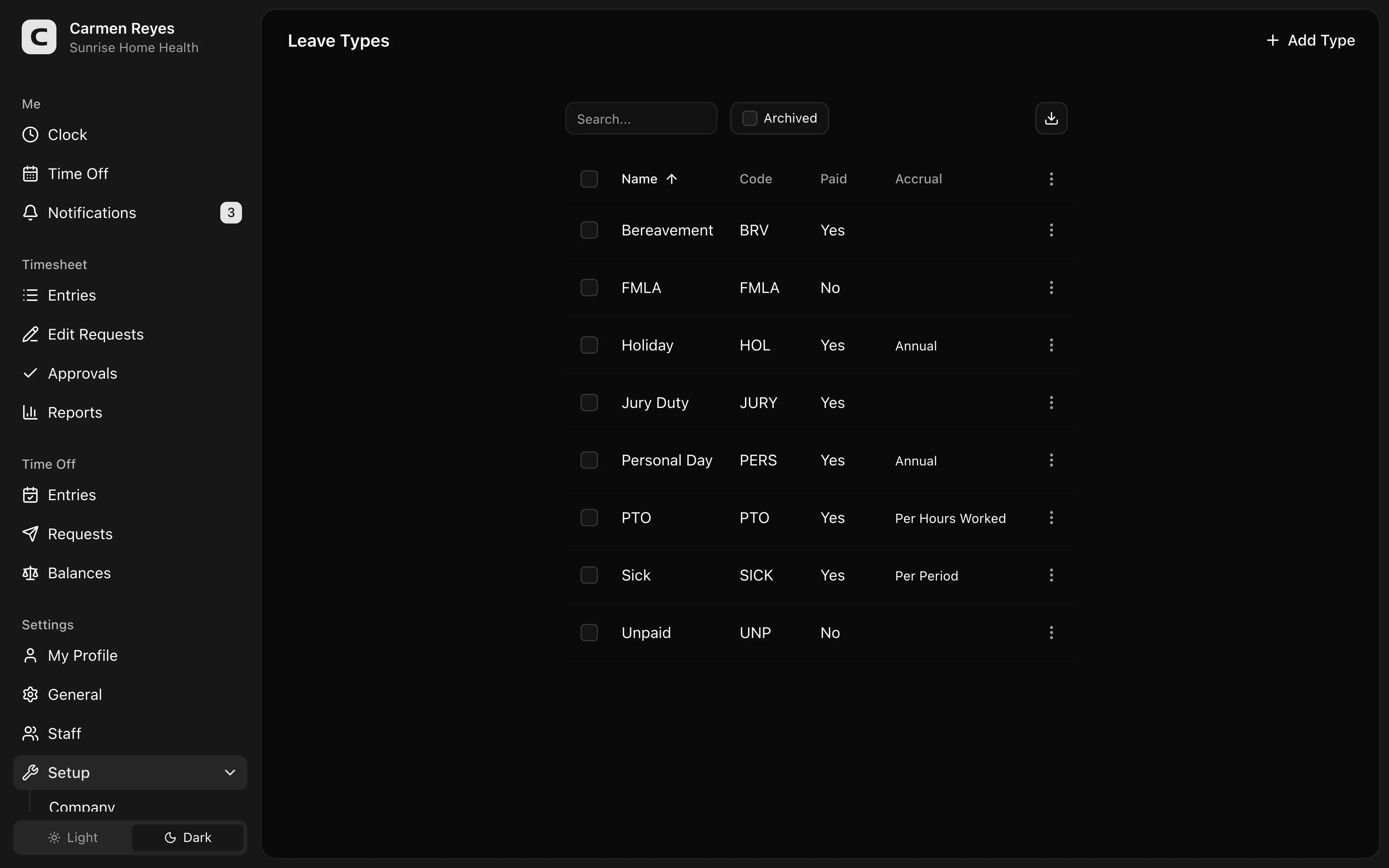 Leave Types page