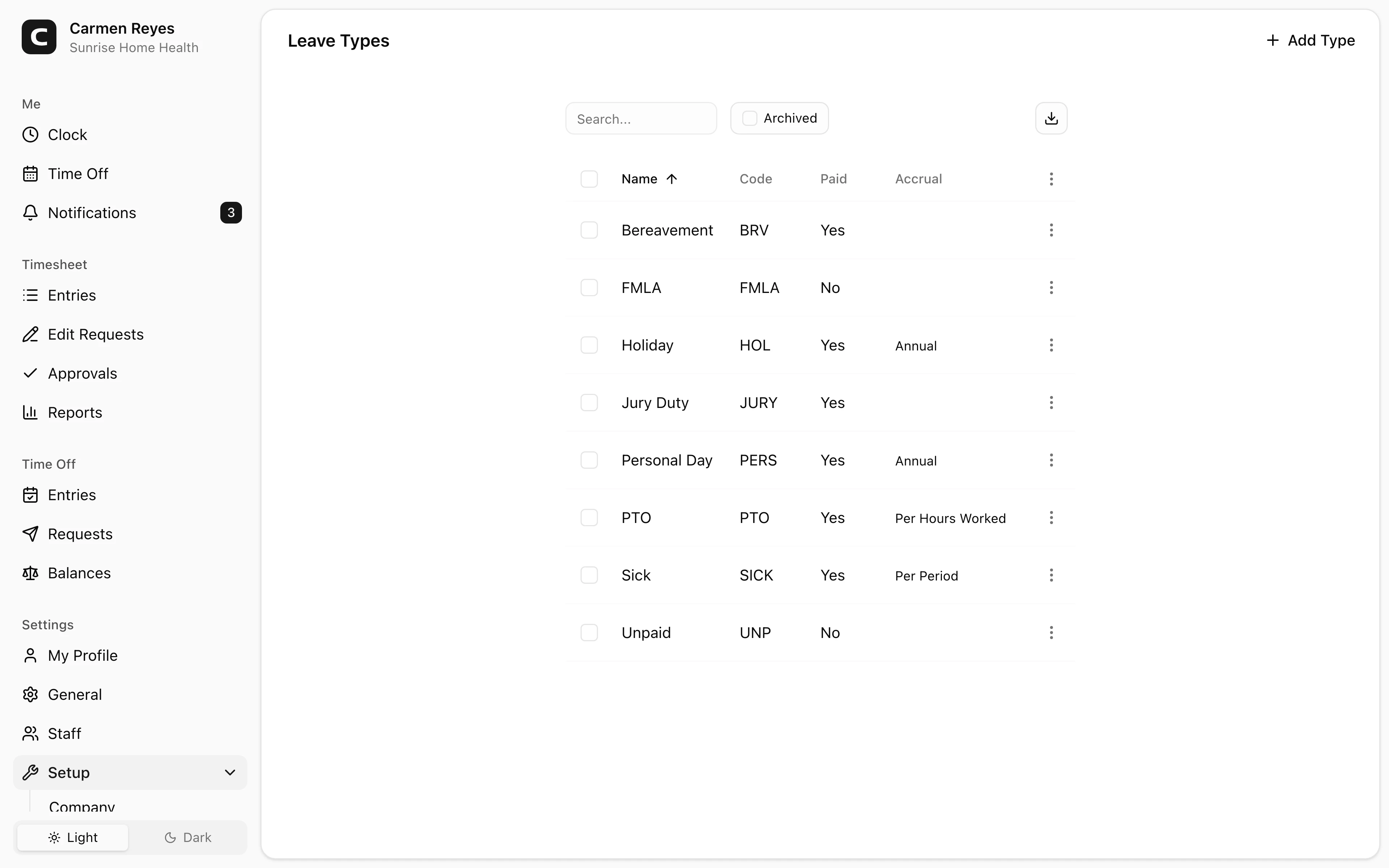 Leave Types page