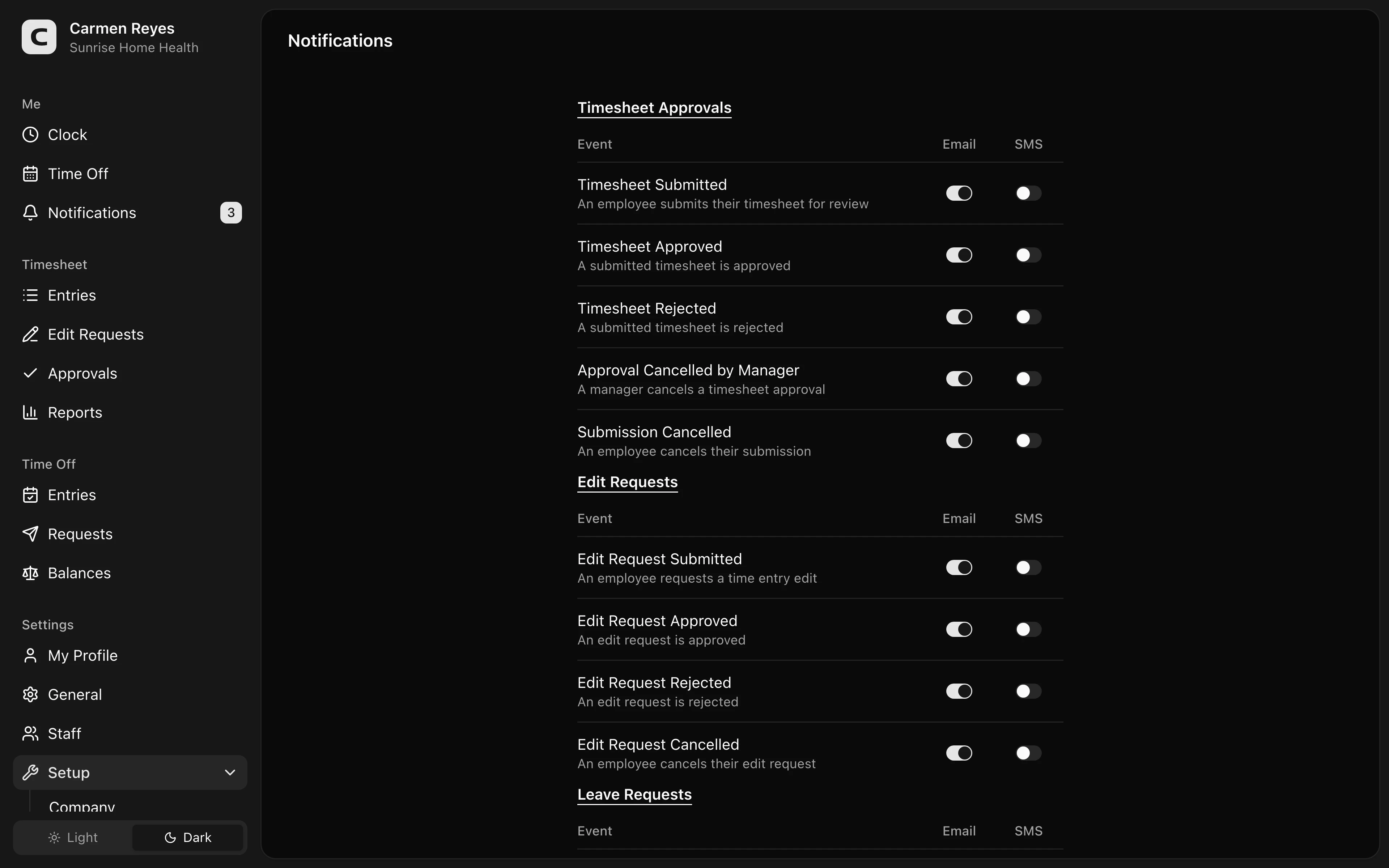 Notifications page