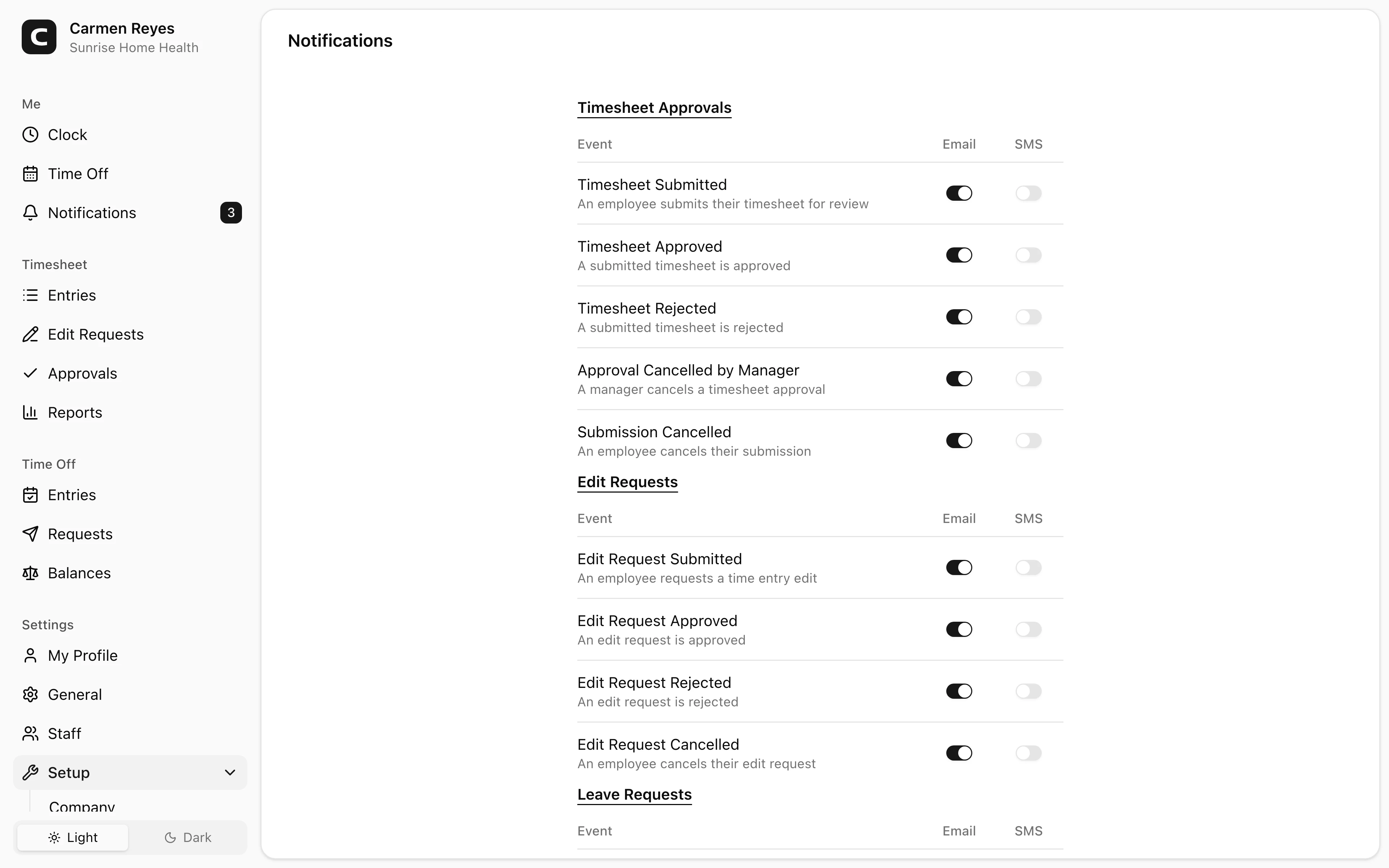 Notifications page