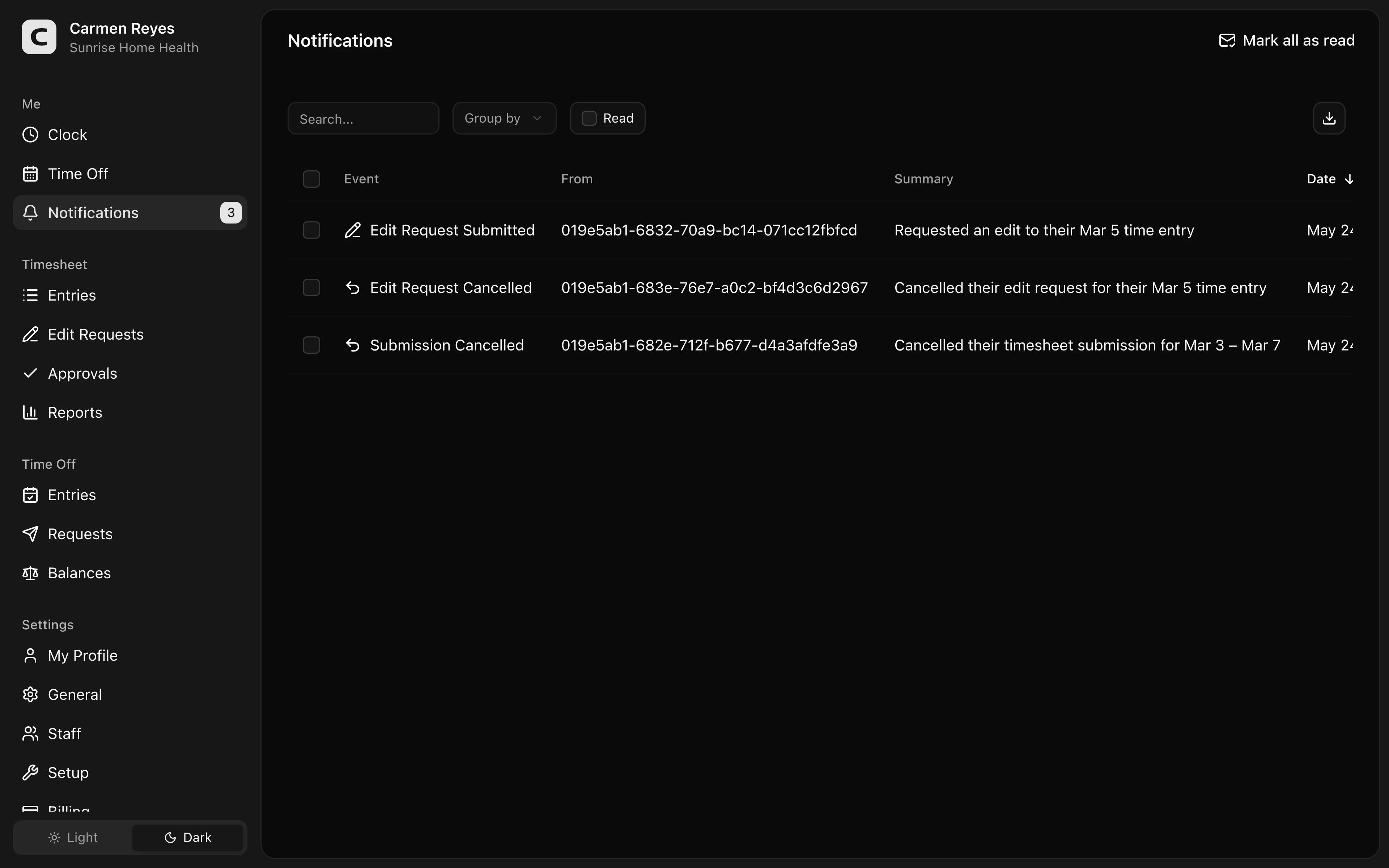 Notifications page