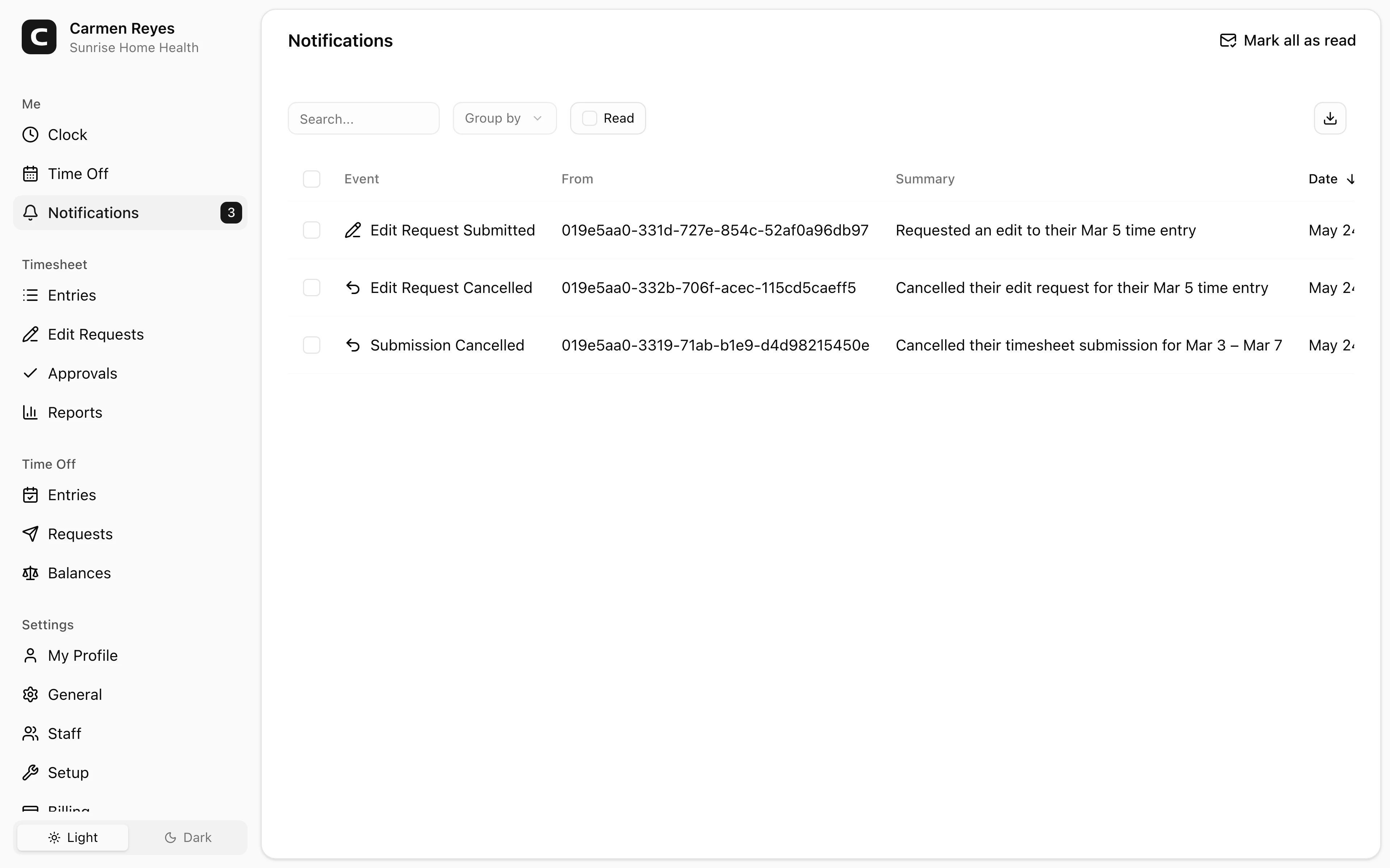 Notifications page