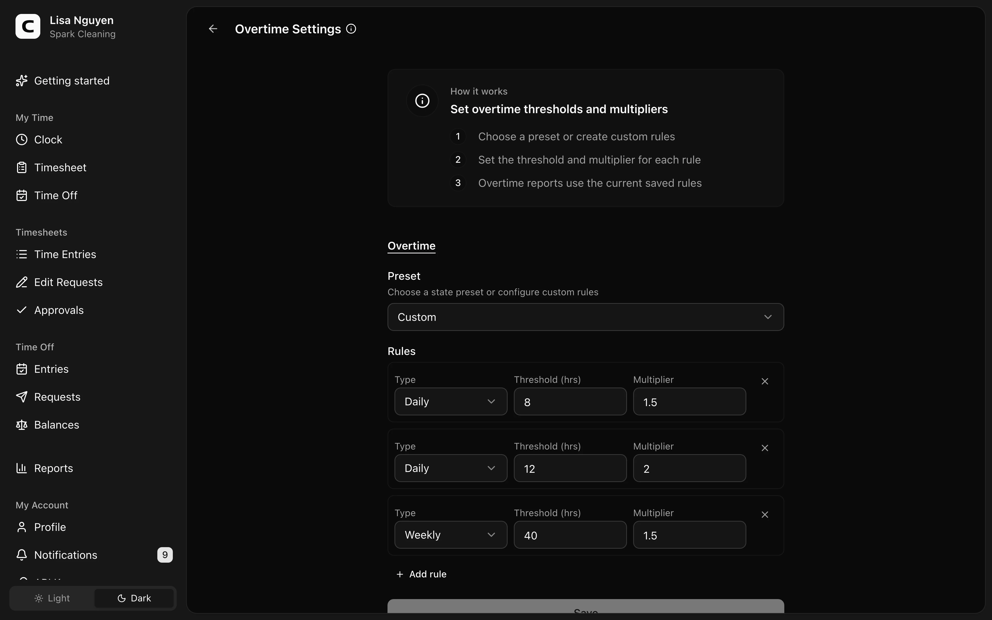 Clockspot Overtime Settings screen. Choose the current overtime thresholds and multipliers used by Clockspot reports.