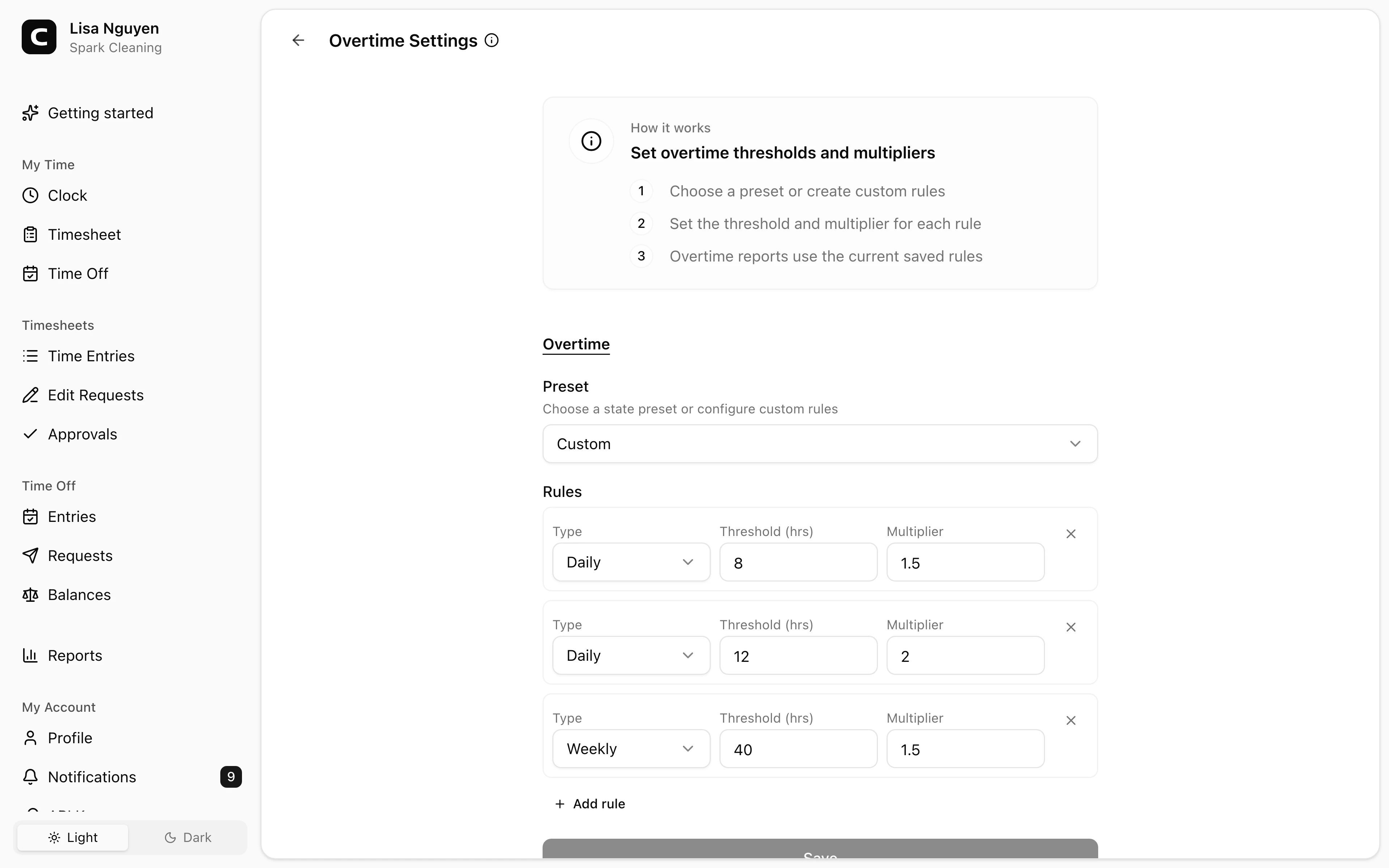 Clockspot Overtime Settings screen. Choose the current overtime thresholds and multipliers used by Clockspot reports.