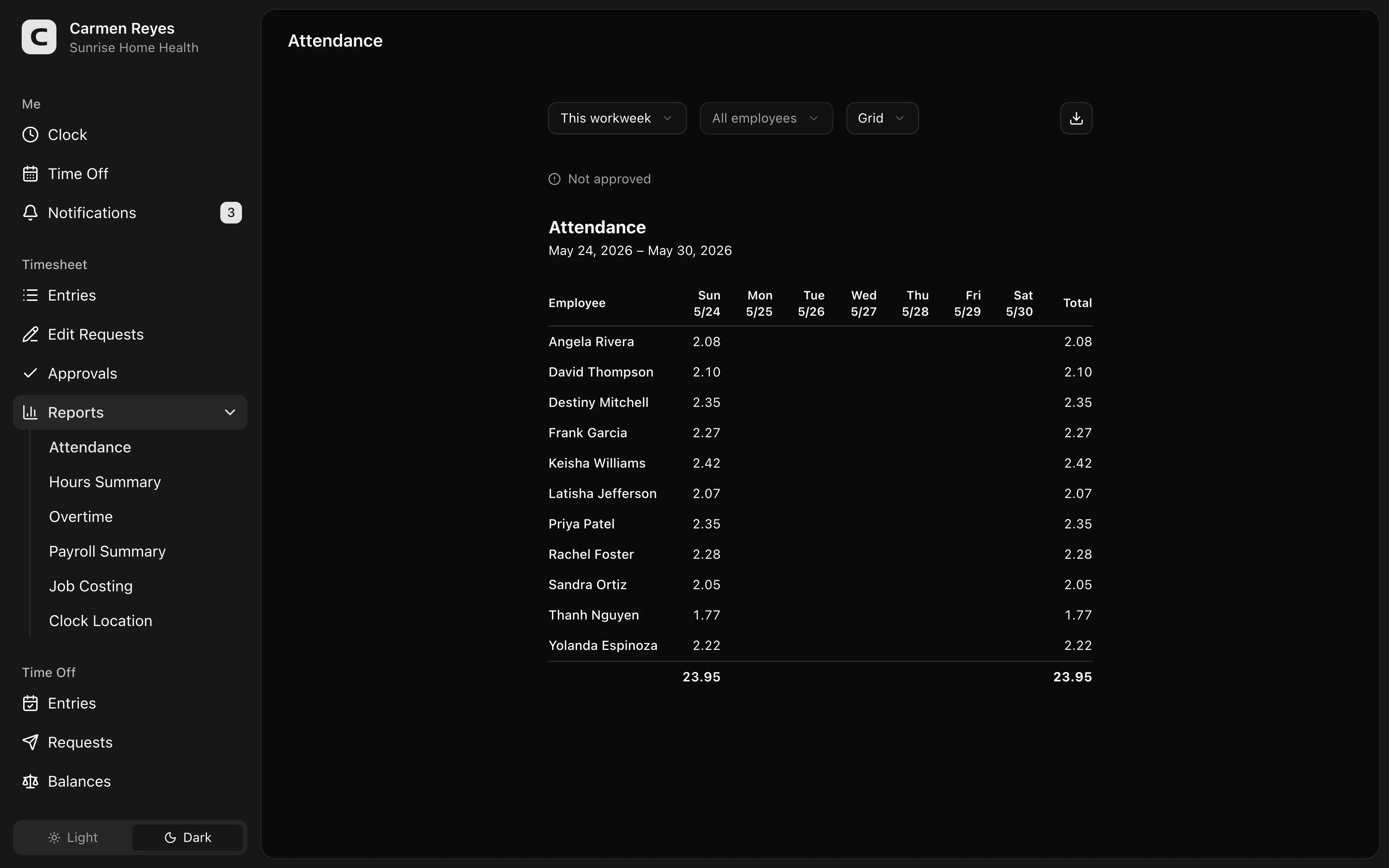 Attendance page