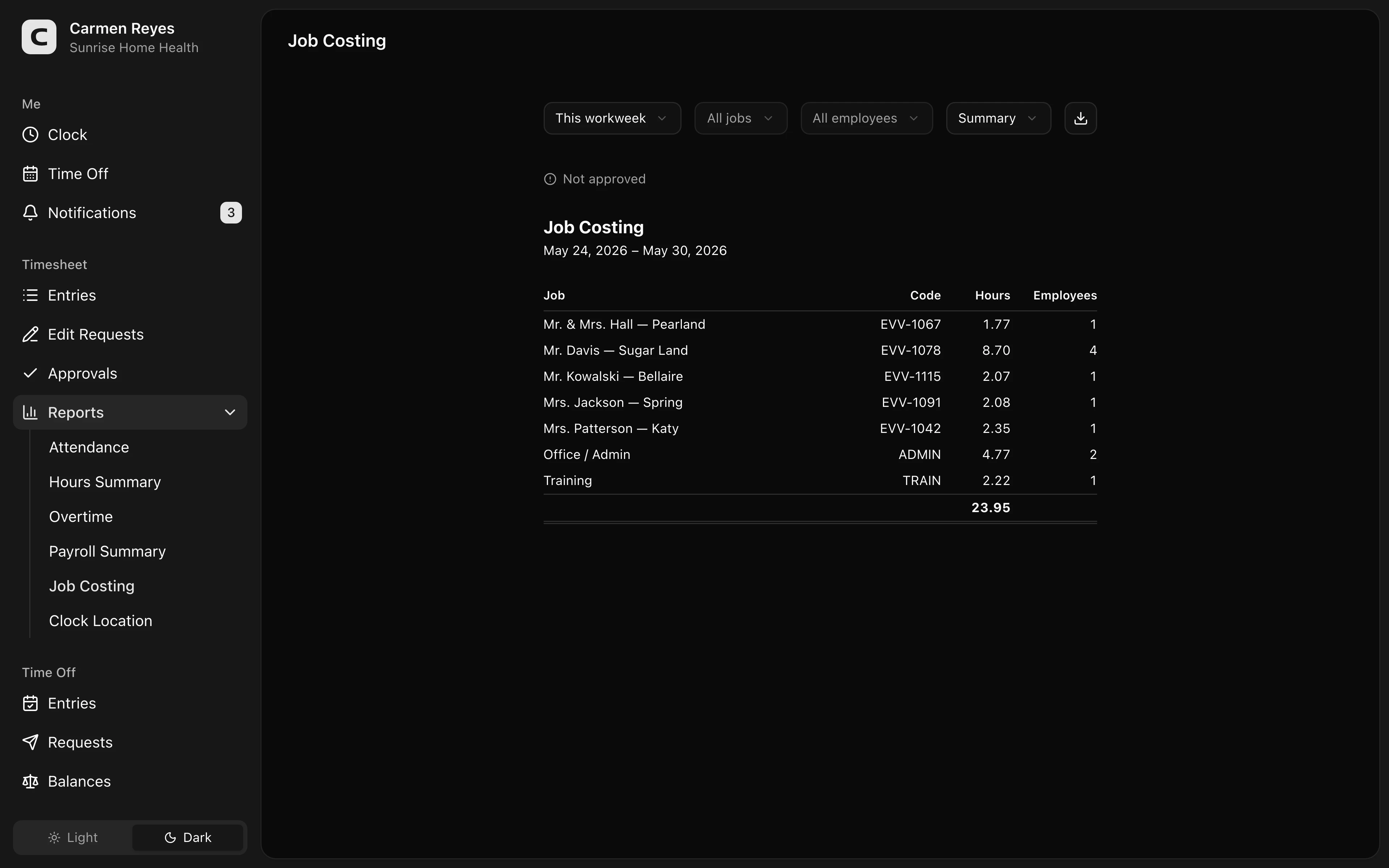 Job Costing page