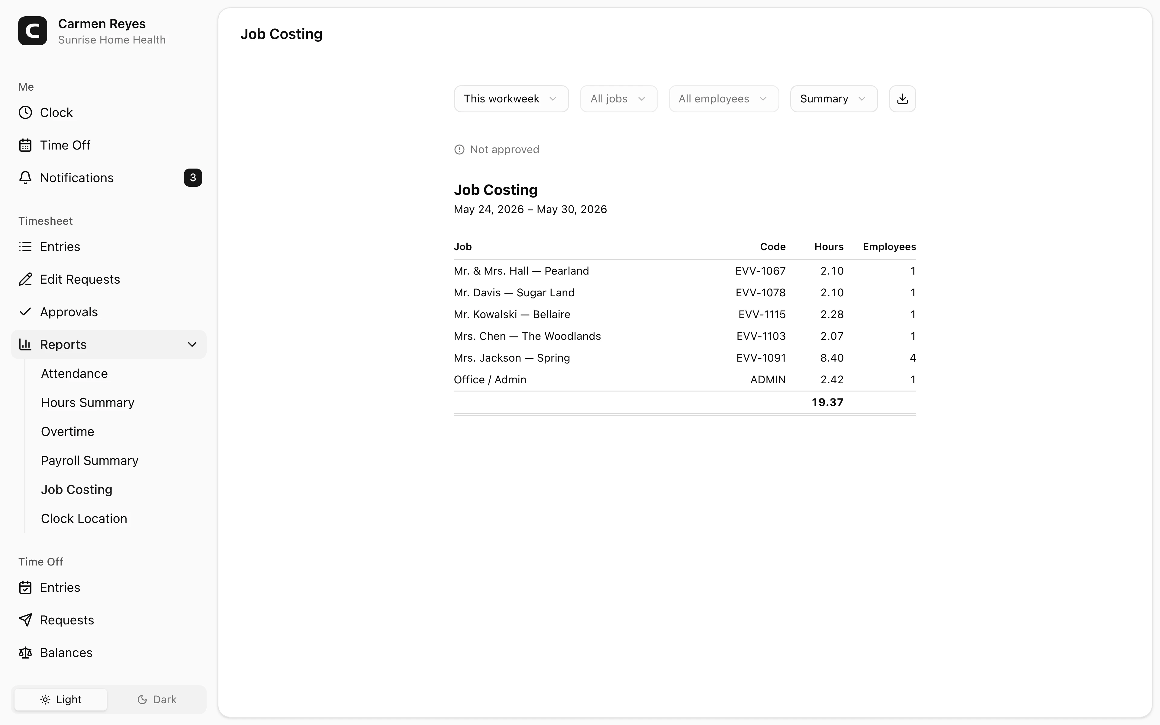 Job Costing page