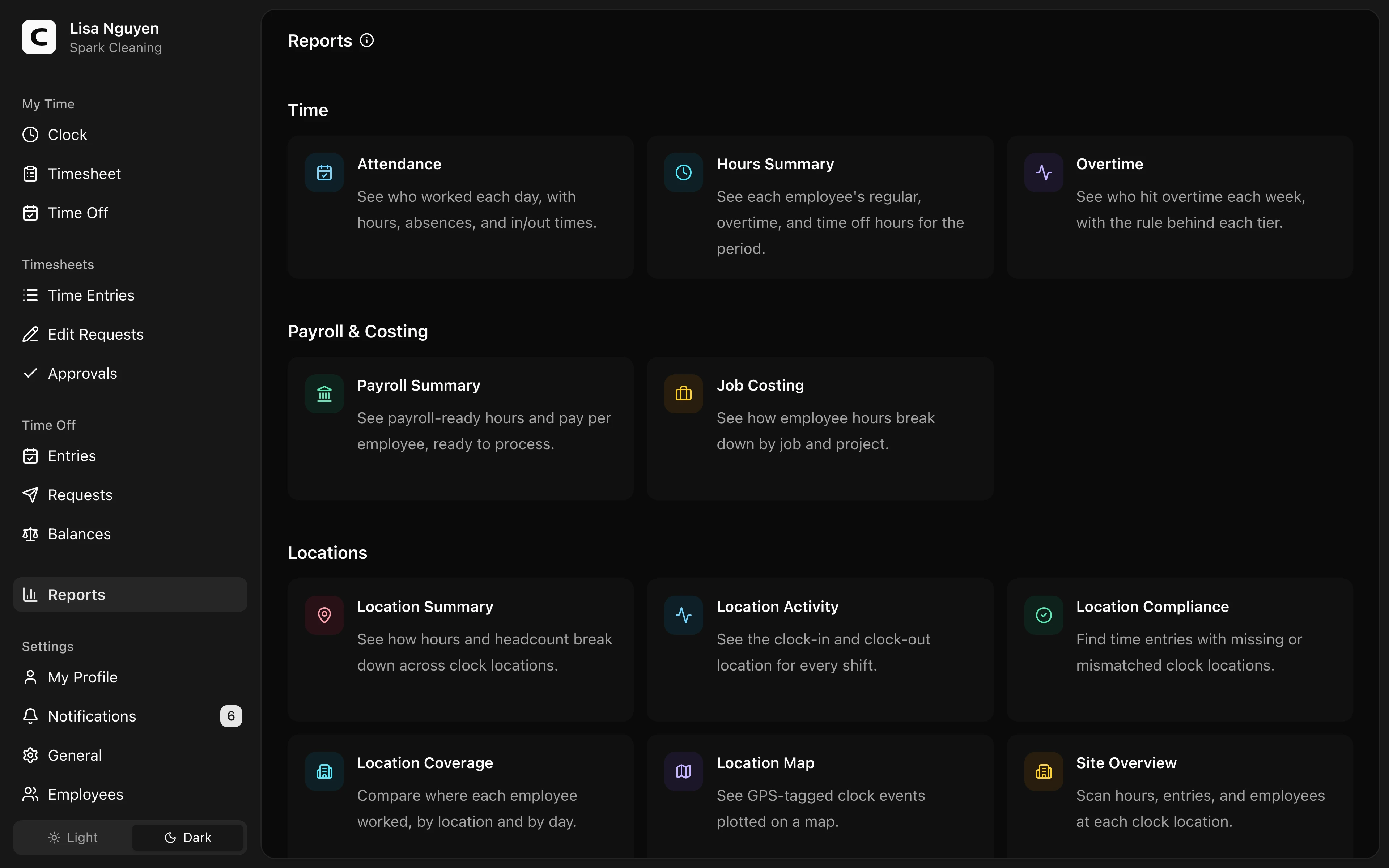 Clockspot Reports screen. Open the report that matches the hours, payroll, job, or clock-location question you need to review.