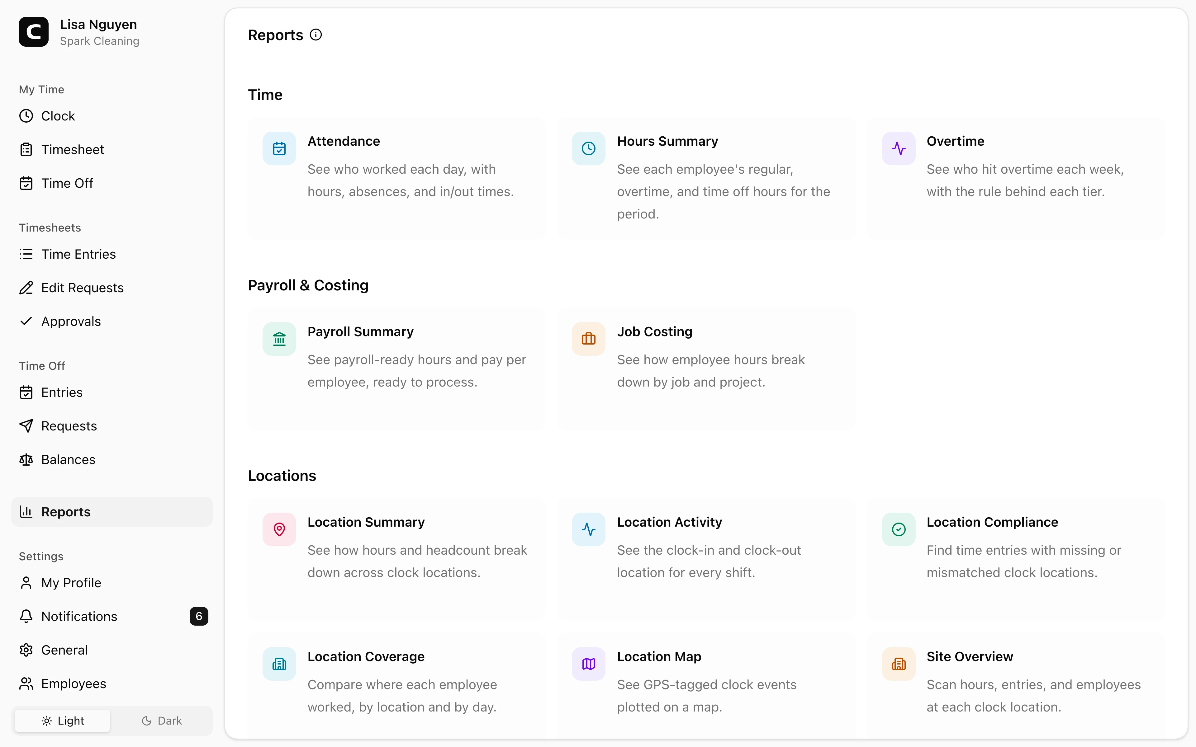 Clockspot Reports screen. Open the report that matches the hours, payroll, job, or clock-location question you need to review.
