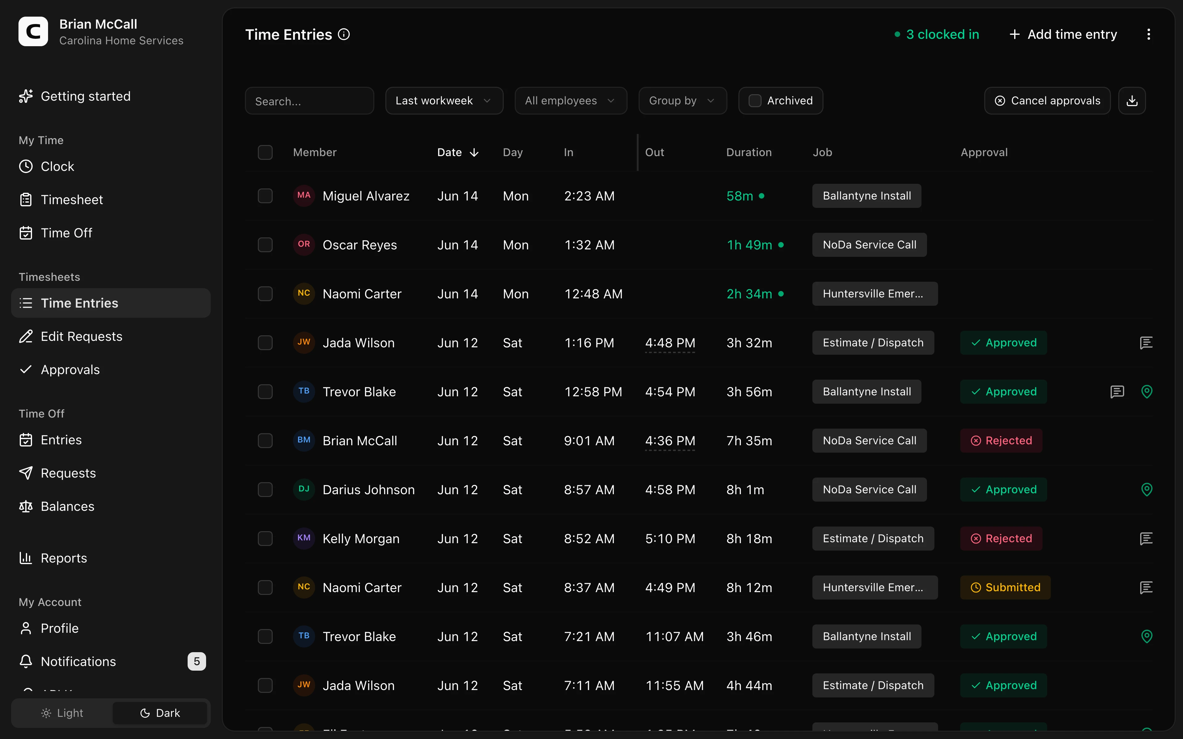 Clockspot Time Entries screen