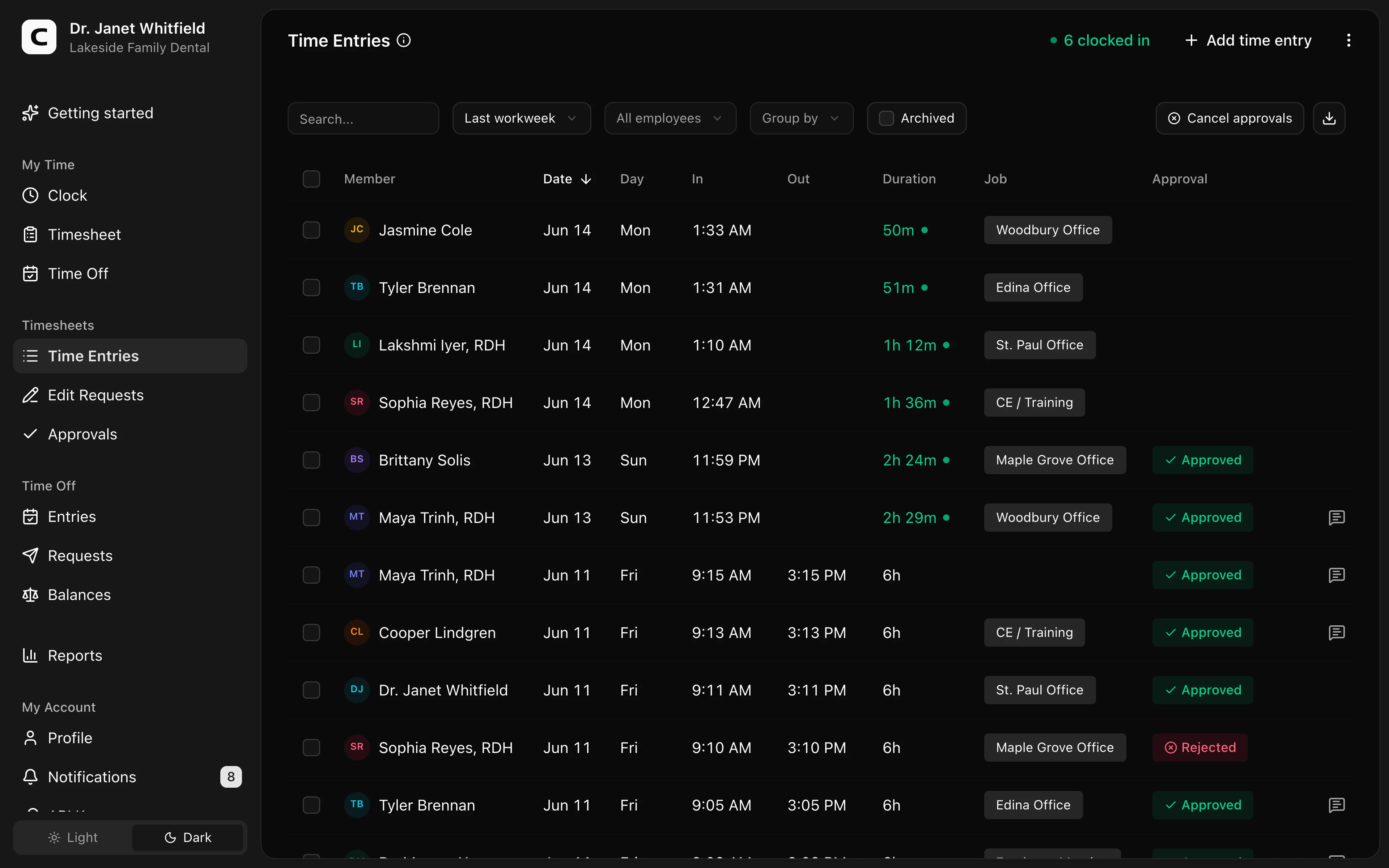 Clockspot Time Entries screen