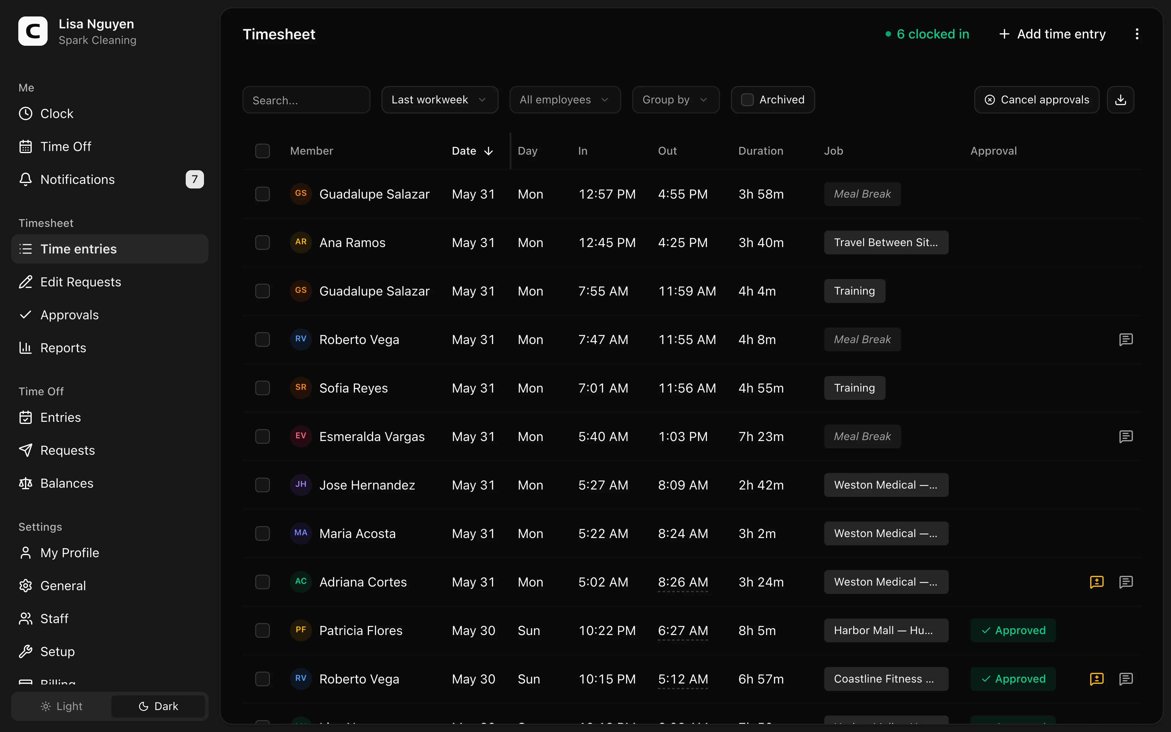 Clockspot Time entries screen. All employee time entries for the selected period. Add, edit, archive time entries, and manage timesheet approvals.
