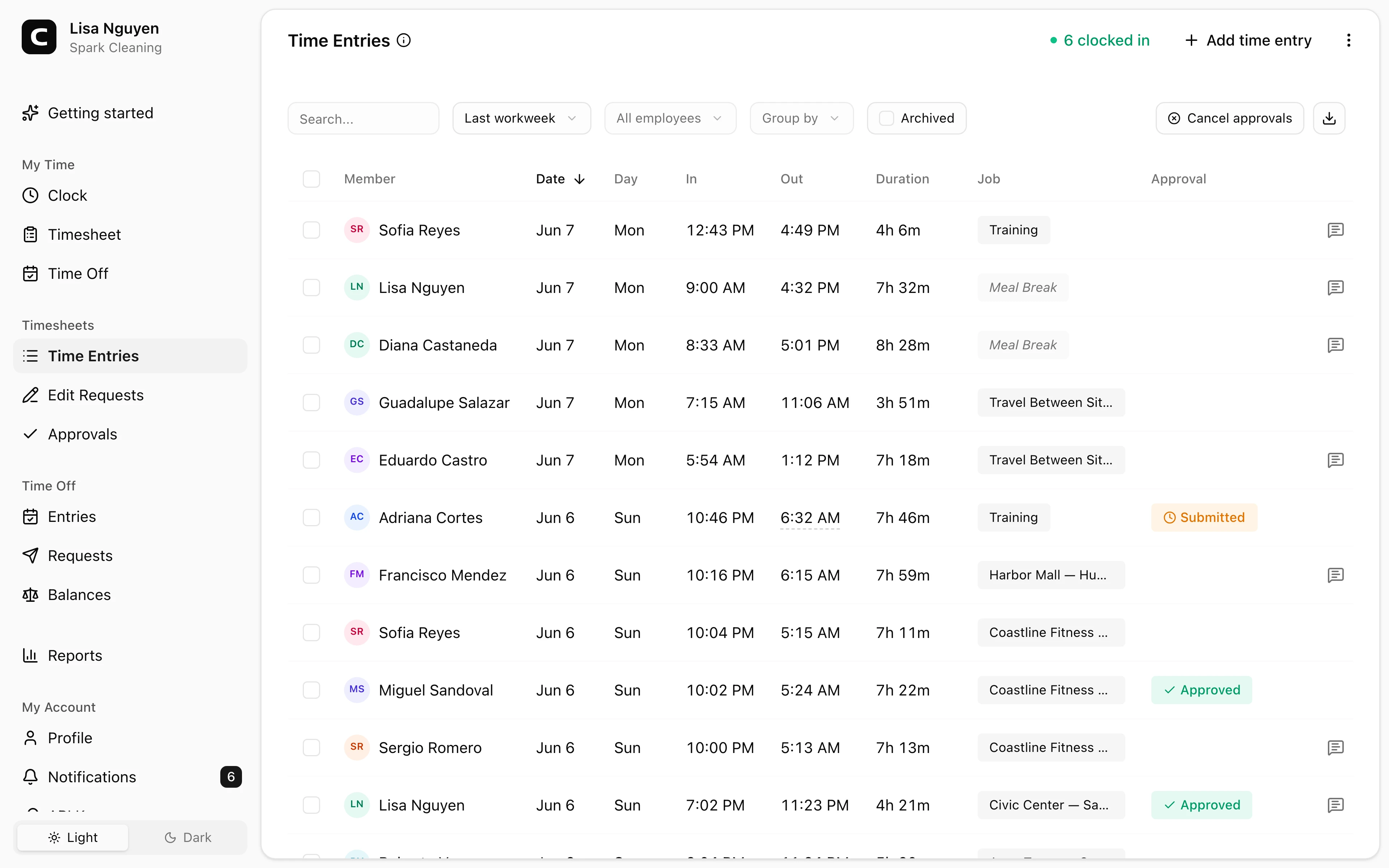 Clockspot Time entries screen. All employee time entries for the selected period. Add, edit, archive time entries, and manage timesheet approvals.