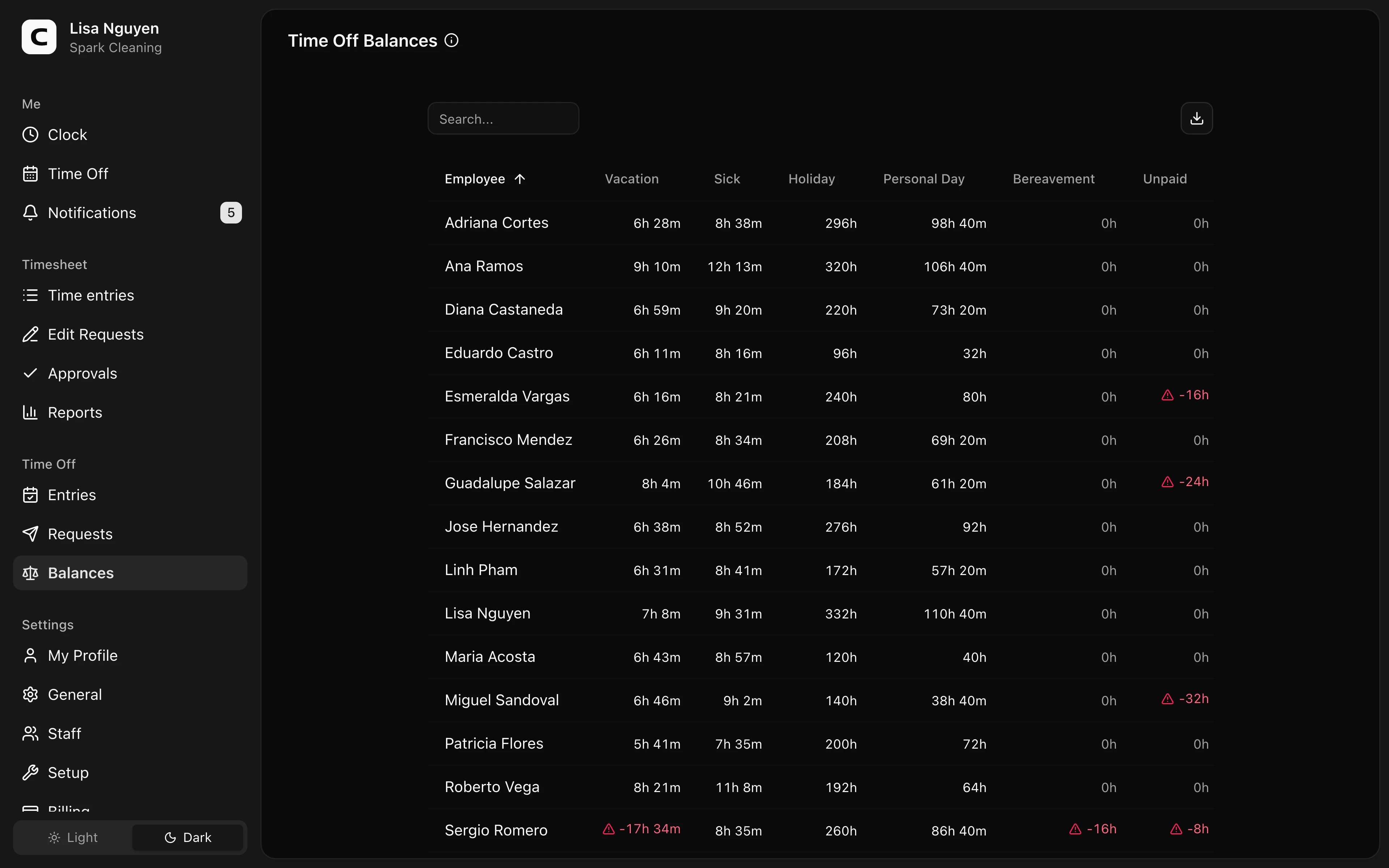 Clockspot Time Off Balances screen. Review and adjust each employee's current time off balance.