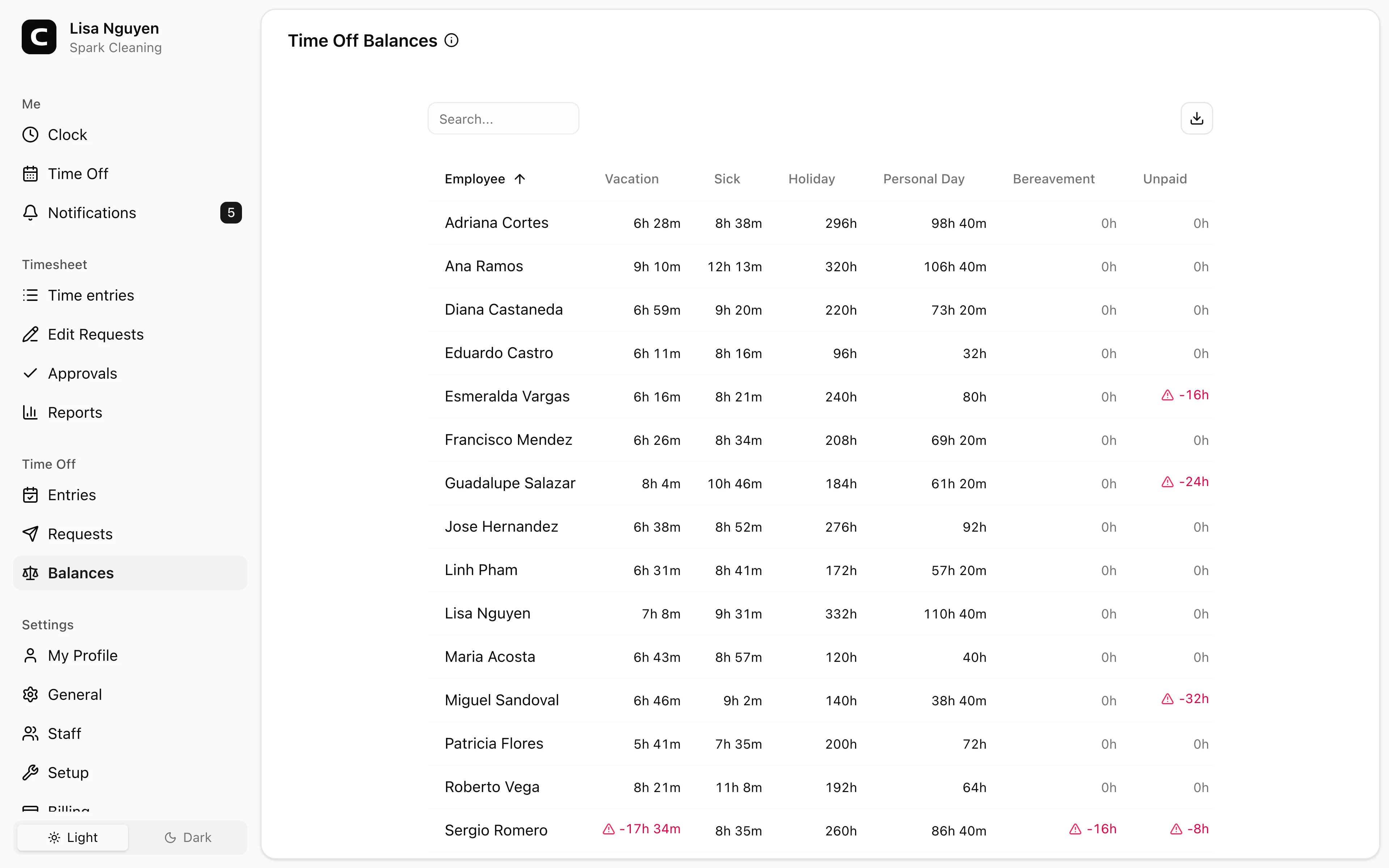 Clockspot Time Off Balances screen. Review and adjust each employee's current time off balance.
