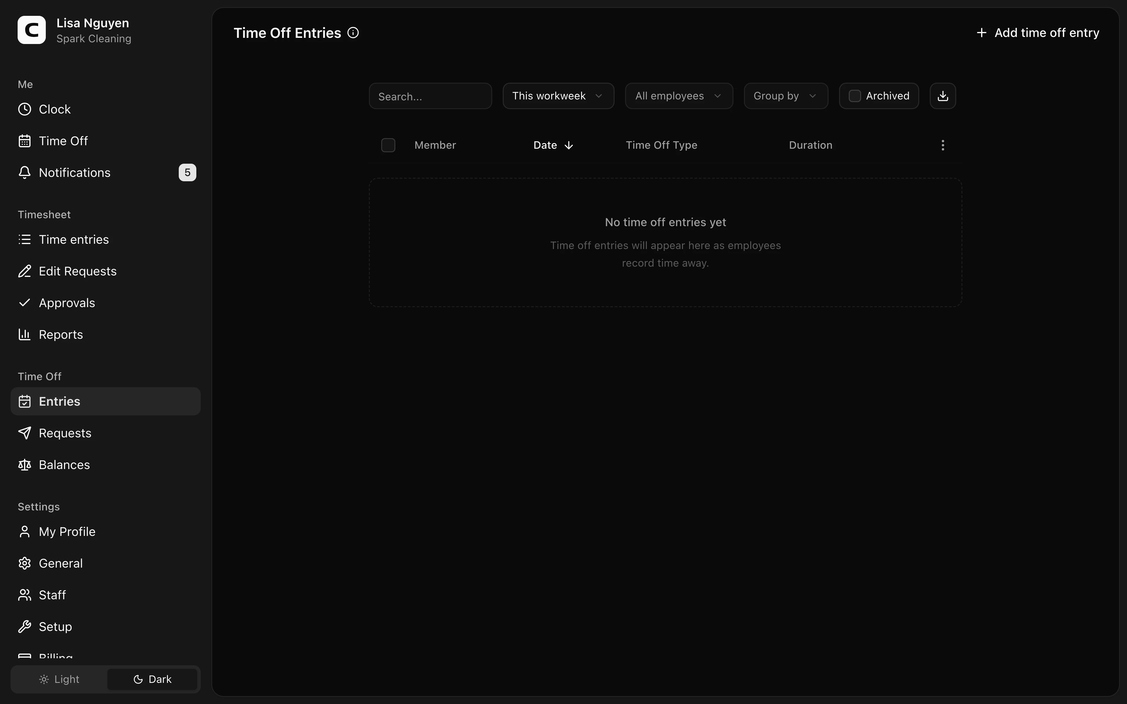 Clockspot Time Off Entries screen. Review, add, edit, or archive recorded time off across your employees.