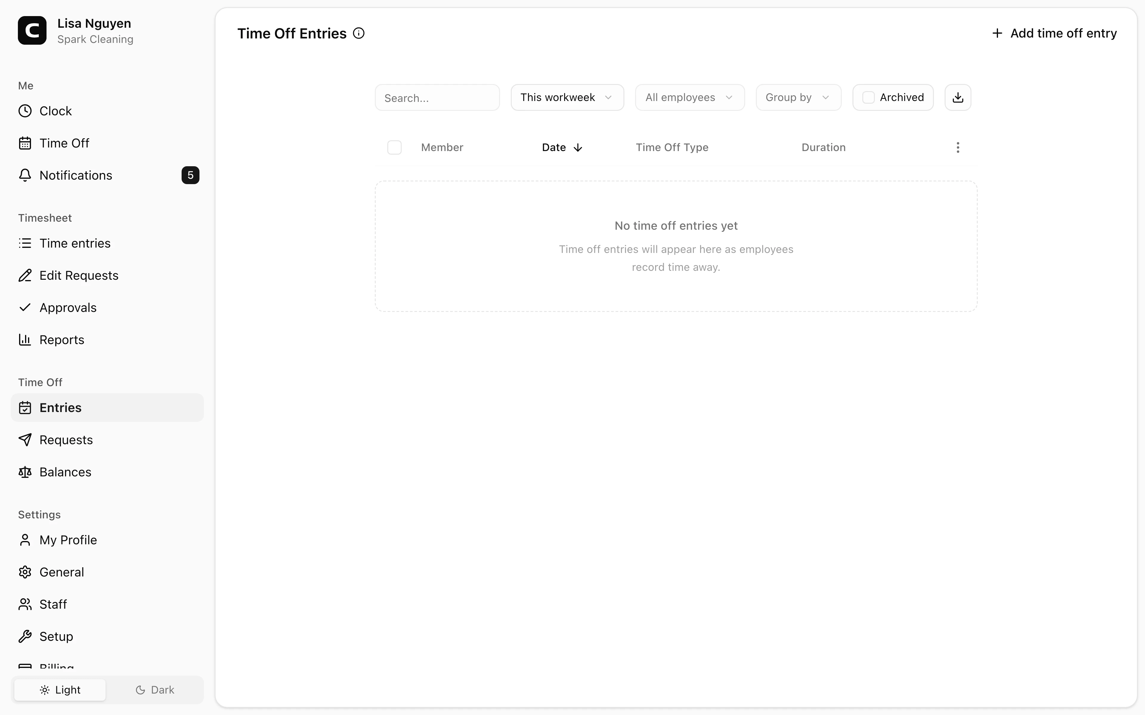 Clockspot Time Off Entries screen. Review, add, edit, or archive recorded time off across your employees.