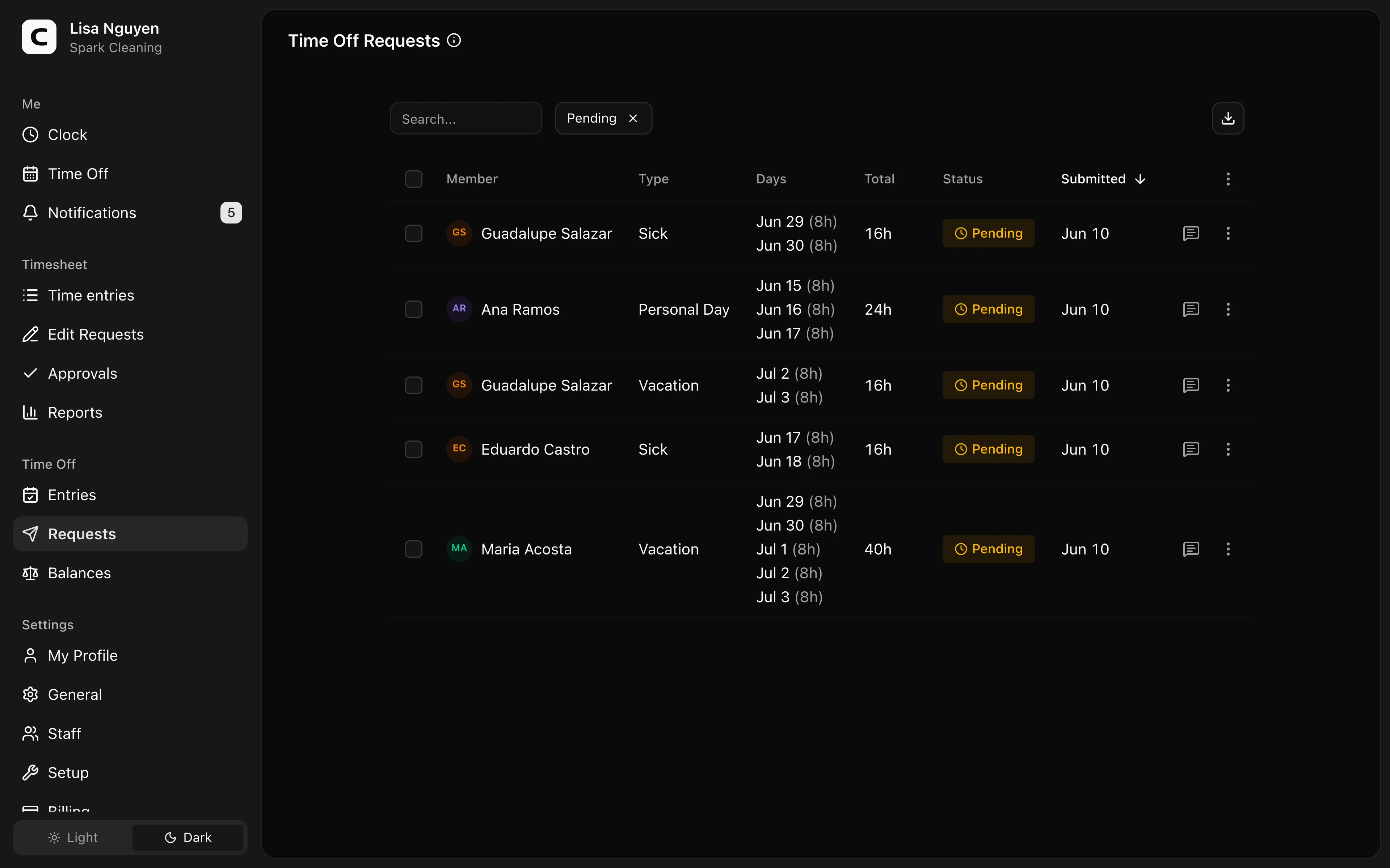 Clockspot Time Off Requests screen. Approve or reject employee time off requests.