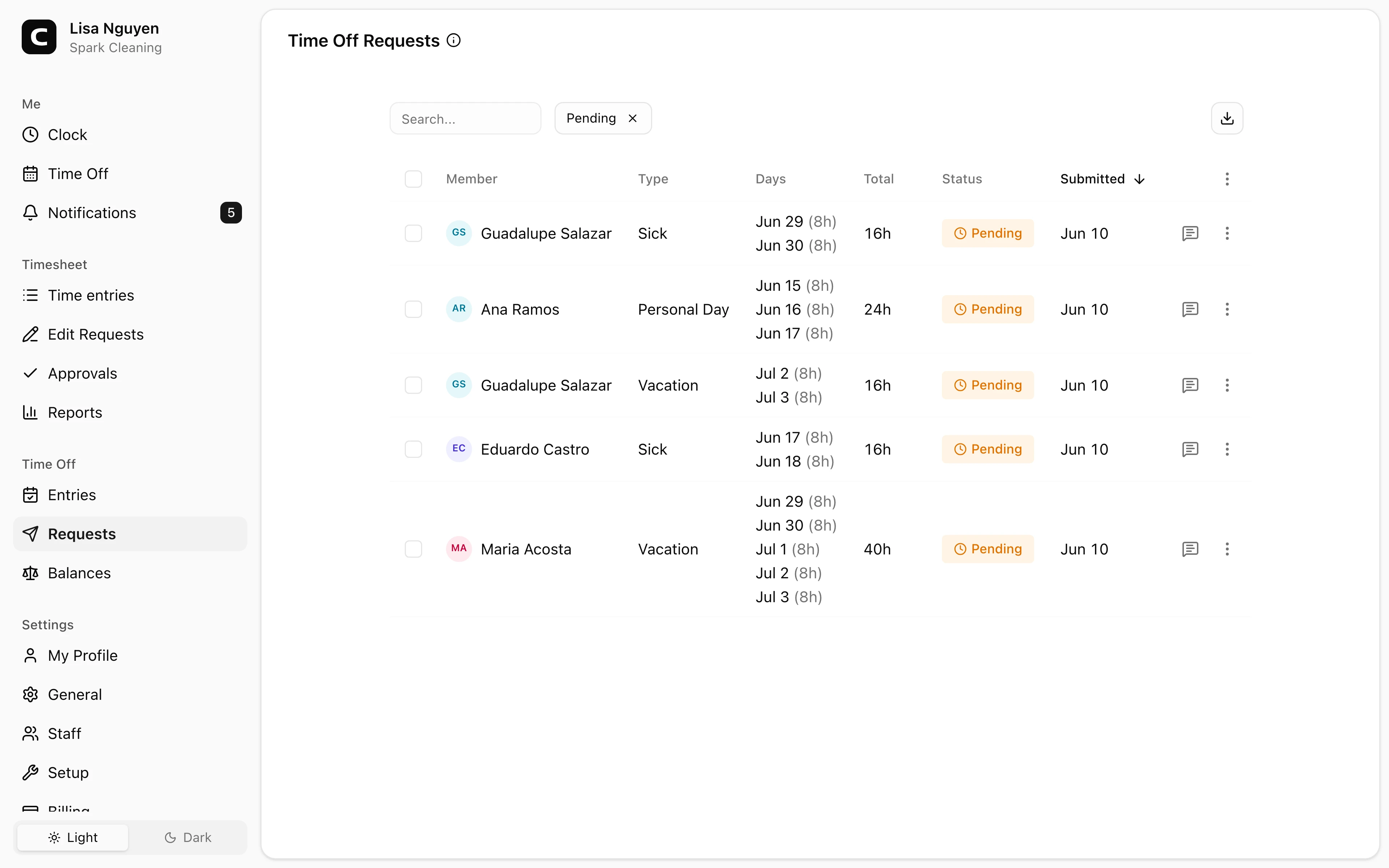 Clockspot Time Off Requests screen. Approve or reject employee time off requests.