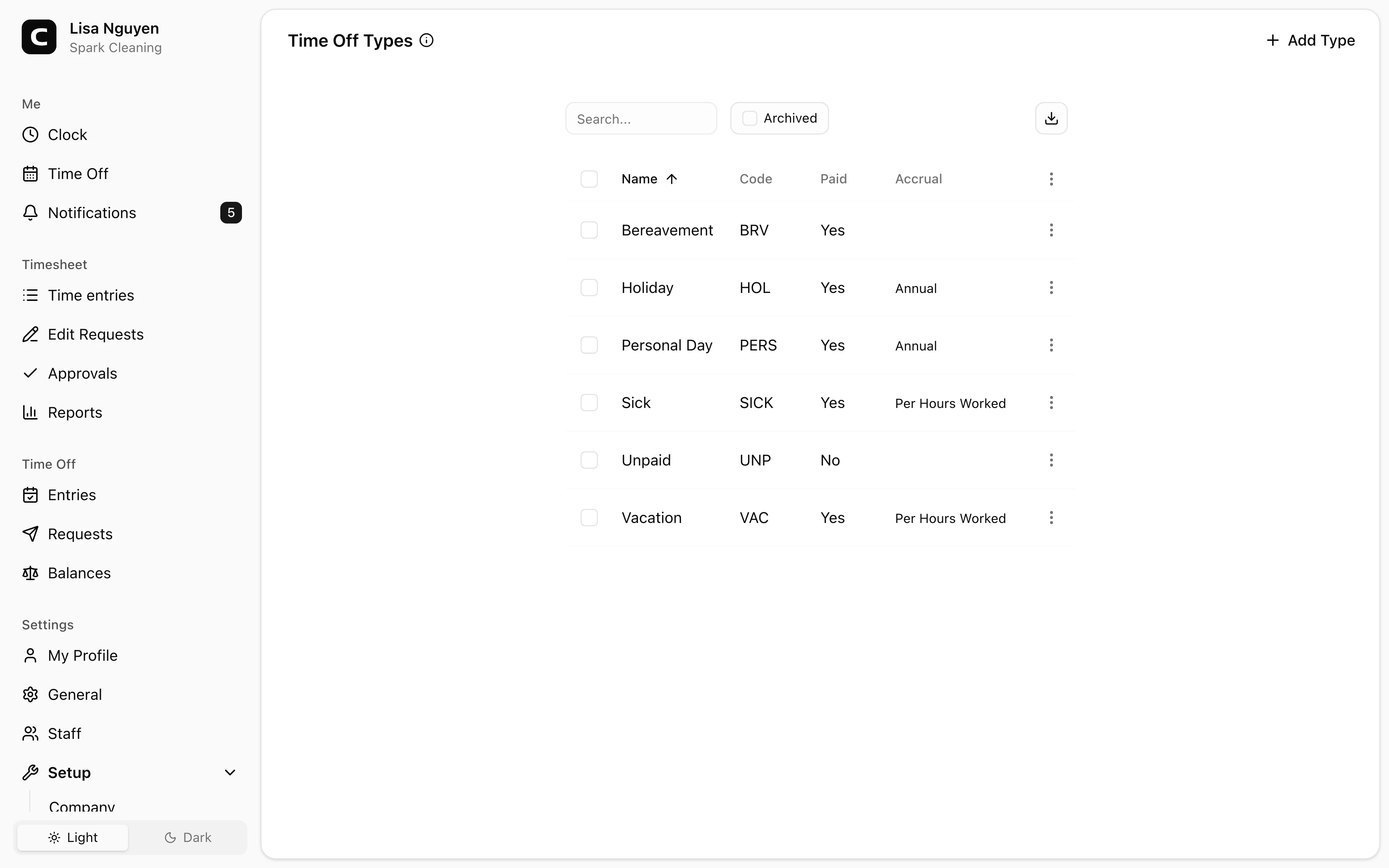 Clockspot Time Off Types screen. Define vacation, sick time, and other time off types, including whether they are paid and how balances accrue.