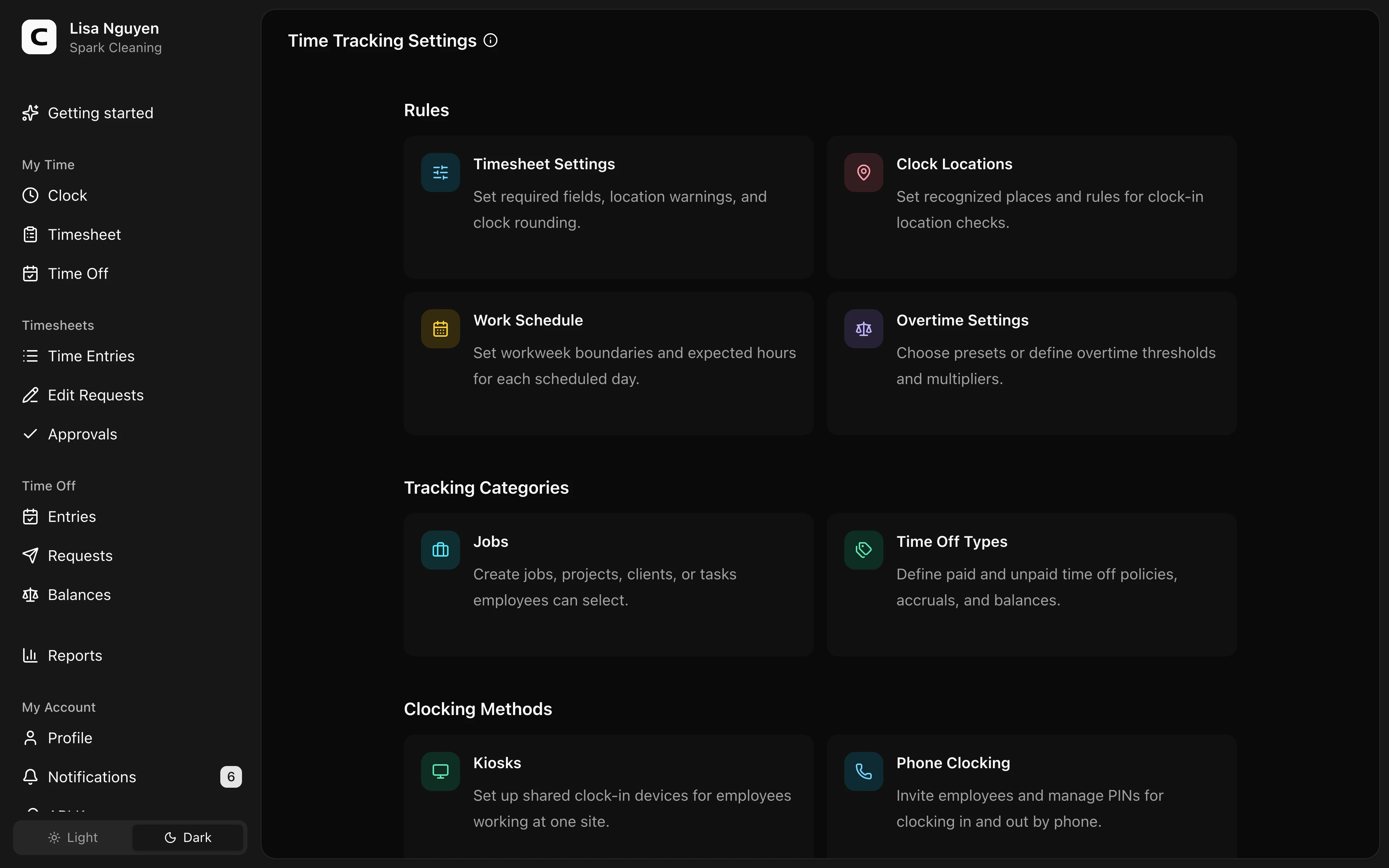 Clockspot Time Tracking Settings screen. Find the settings that control clock-ins, schedules, overtime, jobs, time off types, locations, kiosks, and phone clocking.
